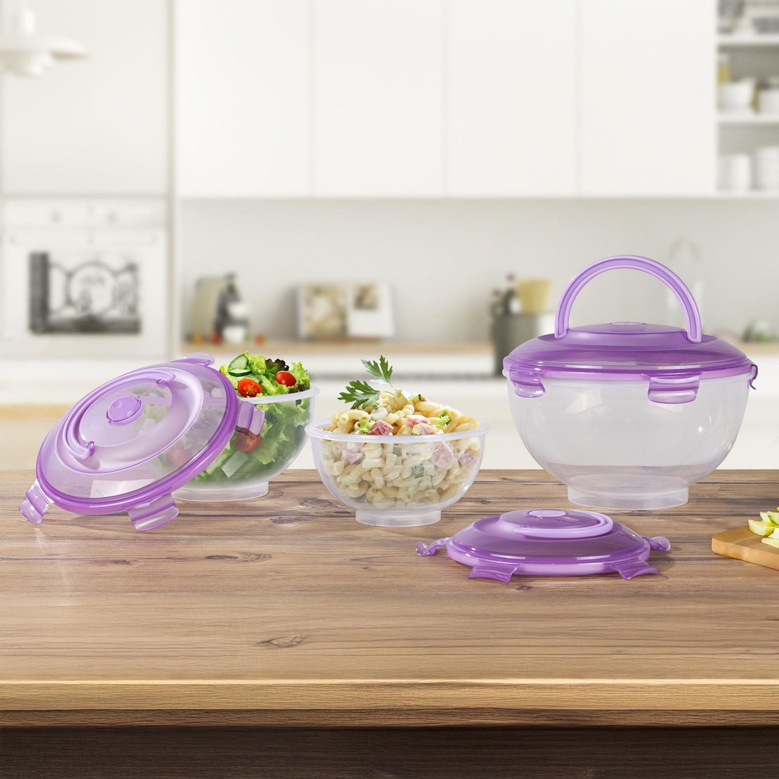 Gravidus Salatbox Salatschüssel Set 3-teilig mit Tragegriff lila Deckel Polypropylen, Polypropylen, Silikon