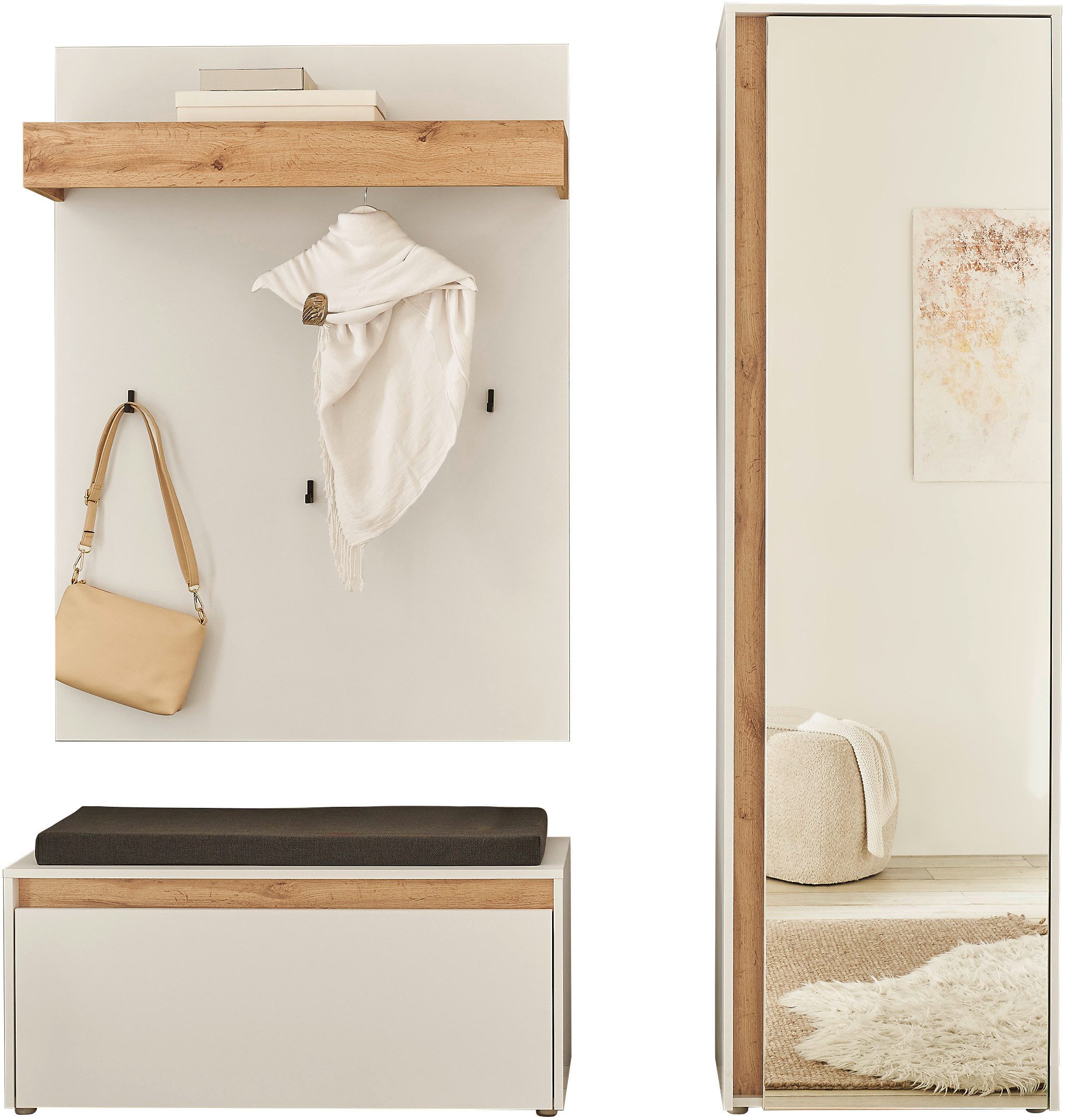 Home affaire Garderoben-Set GIRON/CiTY, moderne Garderobe, Komplettset mit viel Stauraum, (Komplett-Set, 3-St), enthält Garderobenschrank, Paneel, Schuhbank inkl. Sitzkissen