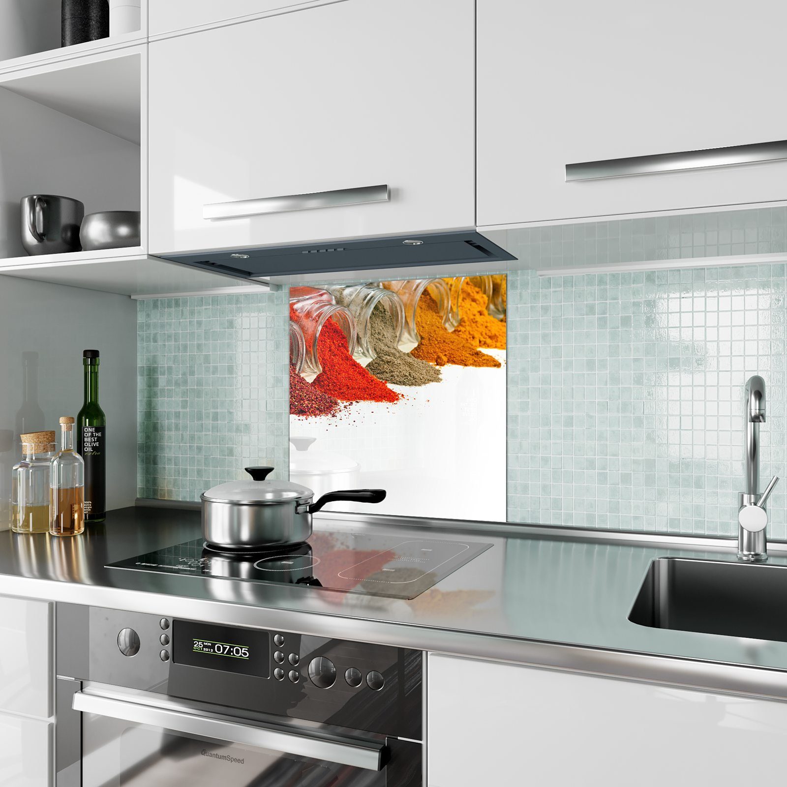 Primedeco Glas mit aus Glas Küchenrückwand Gewürze fallend Motiv Spritzschutz Küchenrückwand