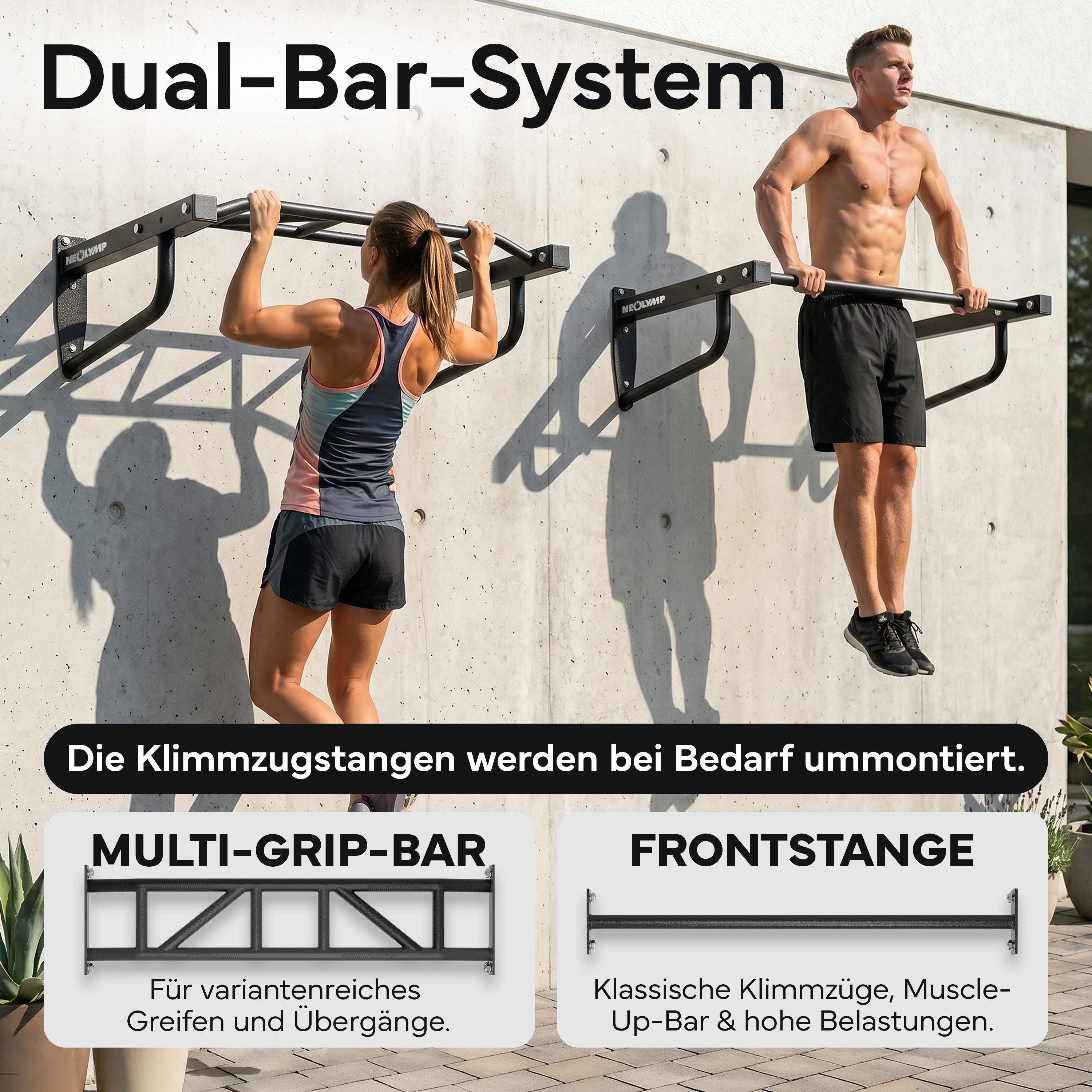 NEOLYMP Klimmzugstange Wand - 2 Stangen für Muscle-Ups & Pull-Ups - 76 cm Wandabstand & Stahl (Pull up Calisthenics Human Flag Klimmzugstation Outdoor Stahl Garten), Klimmzugstange Wand Outdoor wetterfest - Pull Up Bar Wandmontage