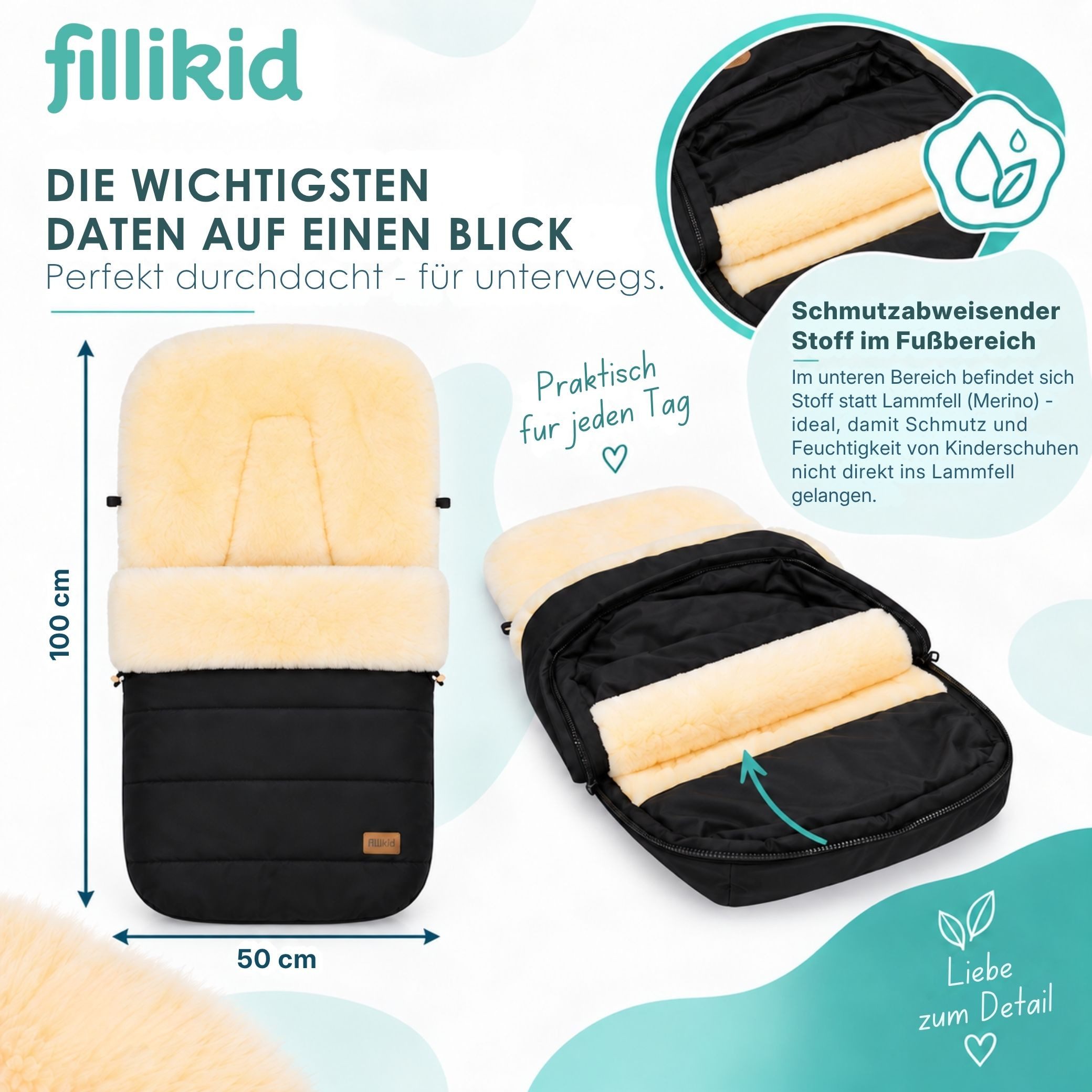 Fillikid Fußsack Winterfußsack Bernina Lammfell Exklusiv, Warmer Winterfußsack mit echtem Merino-Lammfell wasserabweisend und – Bild 4 von 5