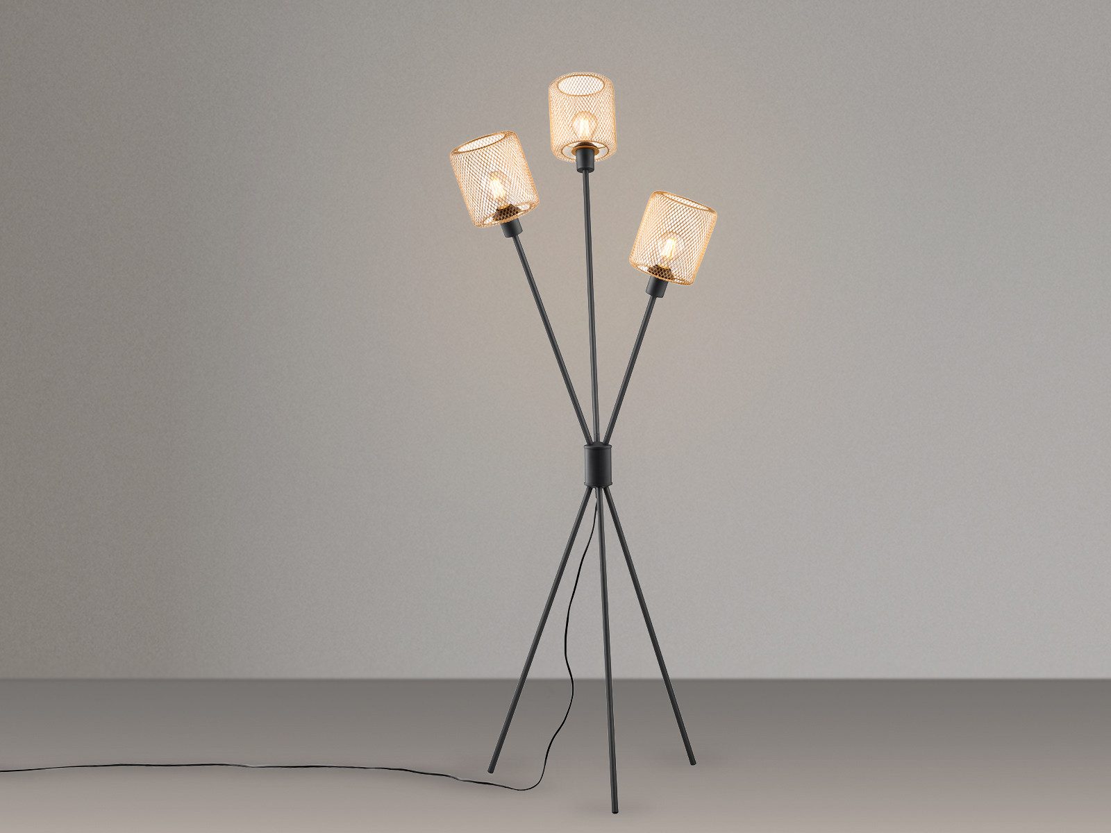 Reality Leuchten Stehlampe Dreibein, Metall Schwarz Gold, H: 159cm, ohne Leuchtmittel, drei Lampenschirme Drahtgestell Gold-Farben