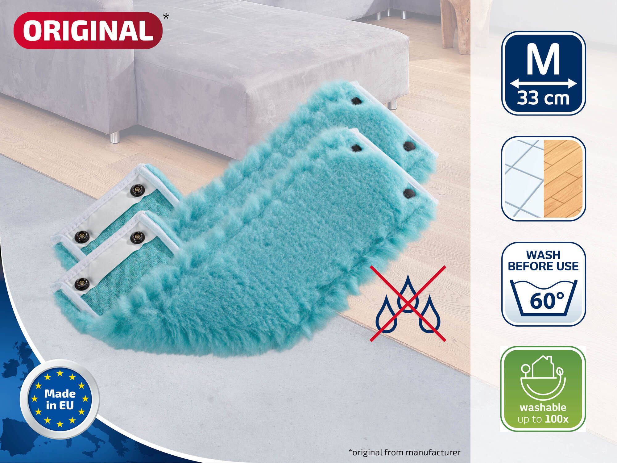 Leifheit Wischbezug CLEAN TWIST M / Combi M static plus 2er Set Wischbezug (Kunstfaser, 14.0x43.0 cm, 2-tlg., Waschbar bei 40°C, Wischbreite 33cm, für alle glatten Böden)