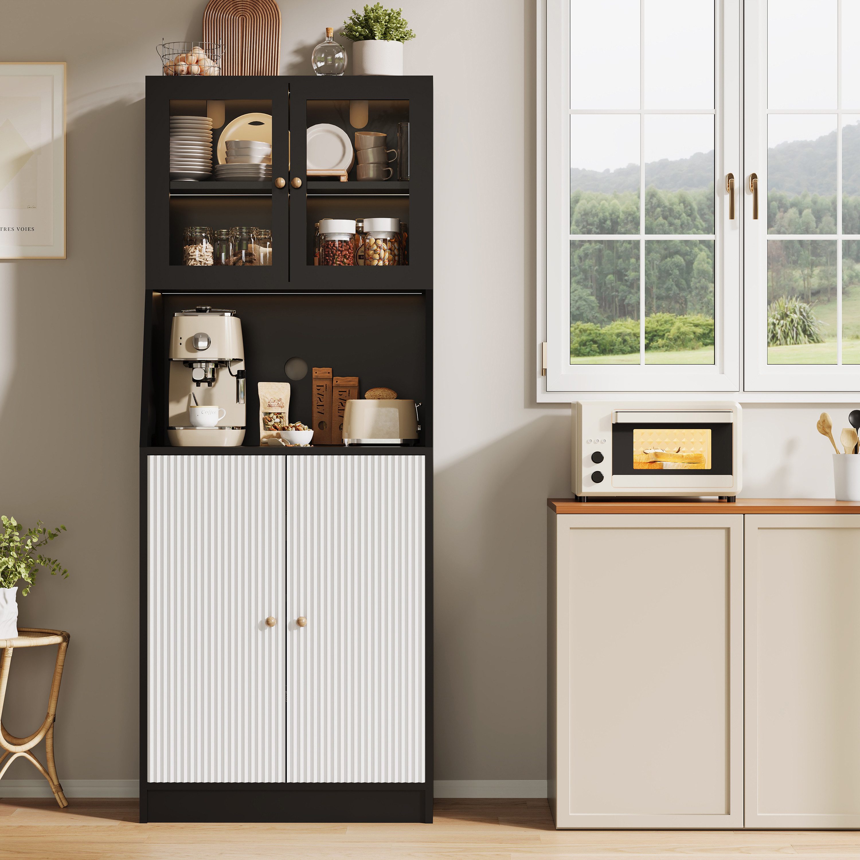 BELUPAI Küchenbuffet Hochschrank mit Glastüren and LED-Beleuchtung (Set, 1-St., Hoher Buffetschrank Weinschrank mit Verstellbaren Einlegeböden) Vorratsschrank für Küche, Wohnzimmer, Esszimmer, 180x70x40cm, Schwarz