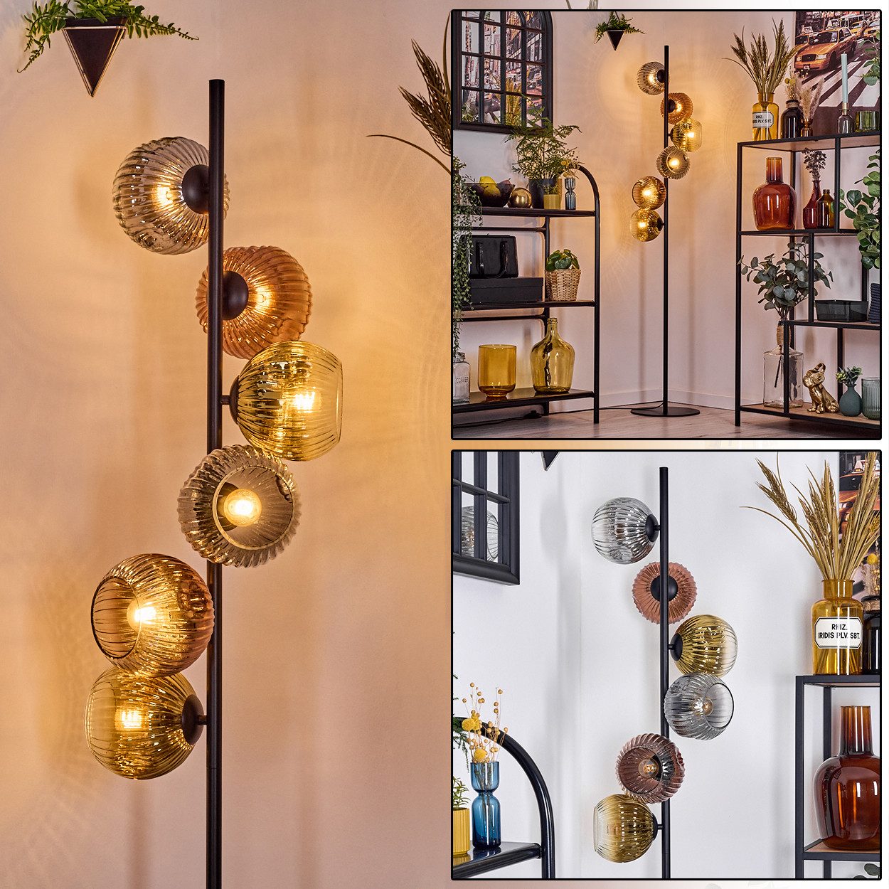 hofstein Stehlampe Stehlampe aus Metall/Riffelglas in Schwarz/Gold/Kupfer/Rauch/Klar, ohne Leuchtmittel, Stehleuchte Retro/Vintage, Ø Schirme 15 cm, Fußschalter, 160 cm, E14