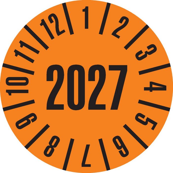 Dreifke Hinweisschild Dreifke® Prüfplakette 2027 orange Dokumentenfolie selbstklebend Ø 20mm 500/Rolle