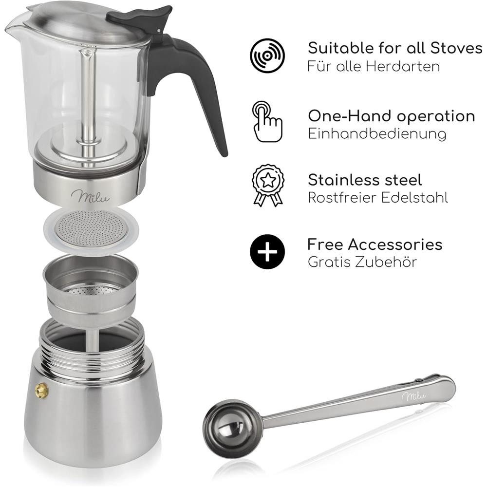 Milu Espressokocher, Edelstahl, Glas, Mokkakanne, 200ml, Induktion geeignet