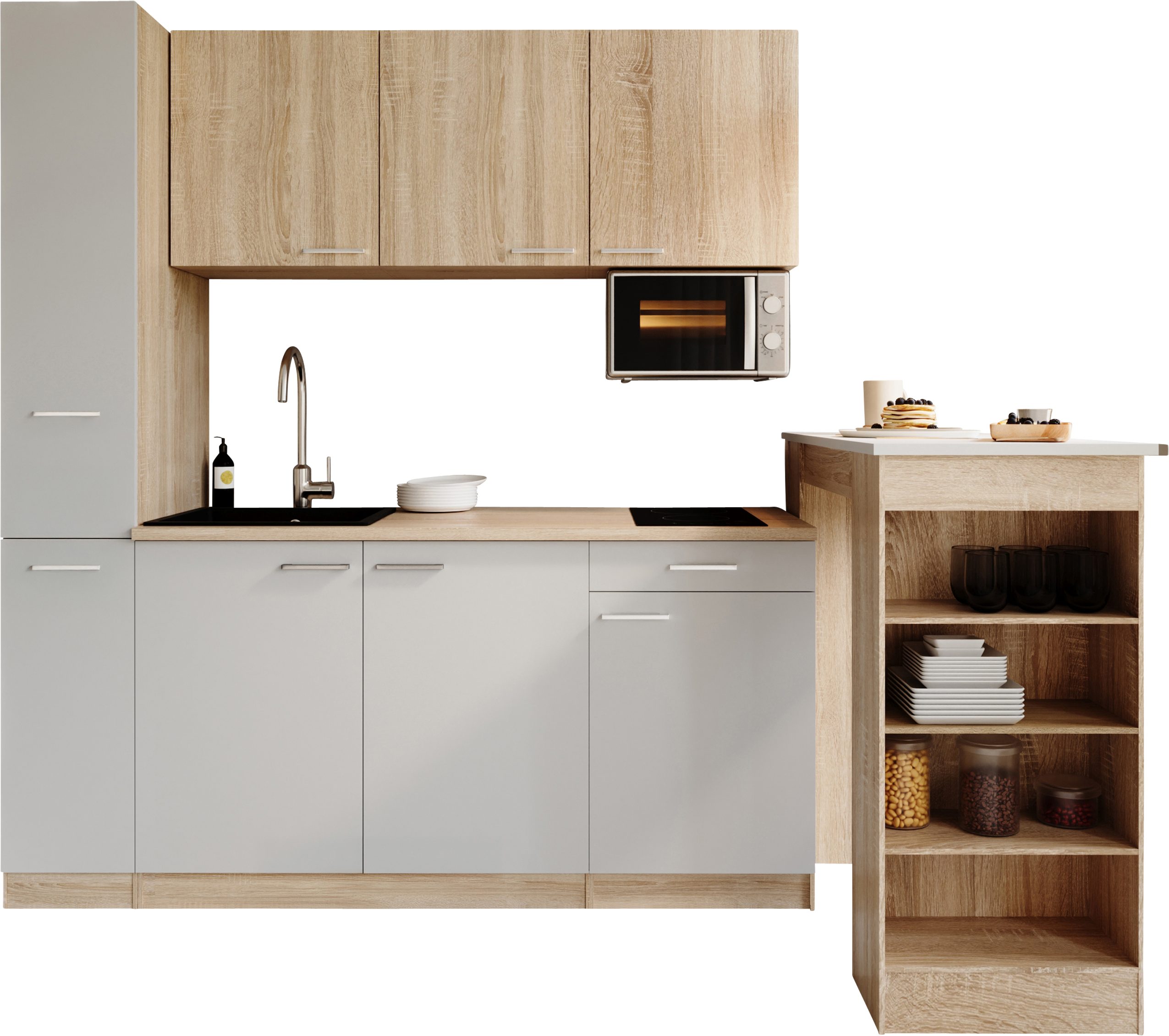 RESPEKTA Küchenzeile Ingrid, inkl. Tresentisch und Mikrowelle, zerlegt, wahlweise mit Kühlschrank, Soft-Close-Funktion, Breite 180 cm