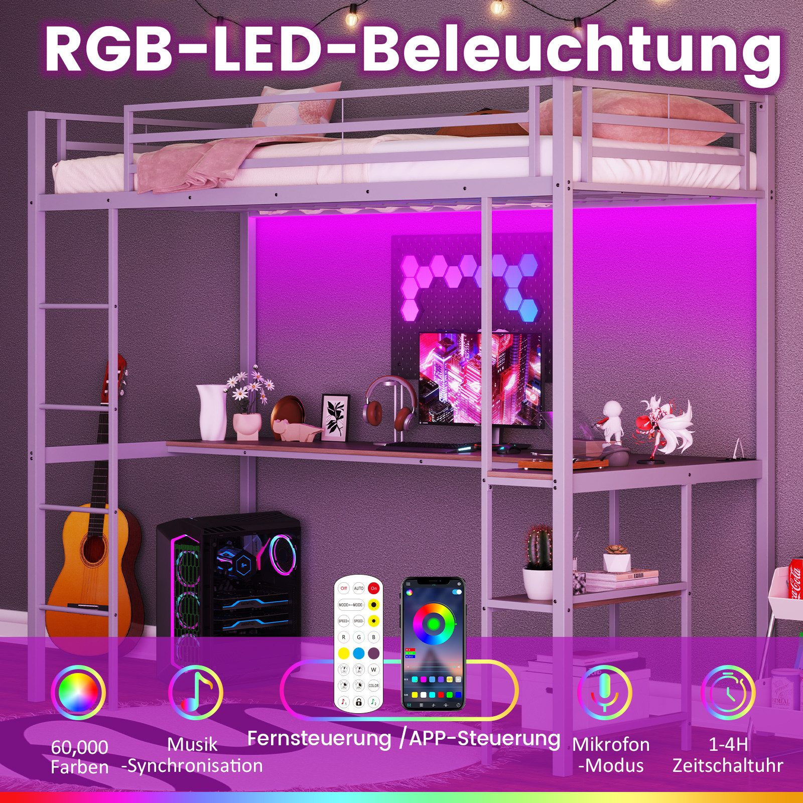 COSTWAY Bettgestell (1-tlg), Hochbett mit Schreibtisch, LED, Ladestation, 90x200cm