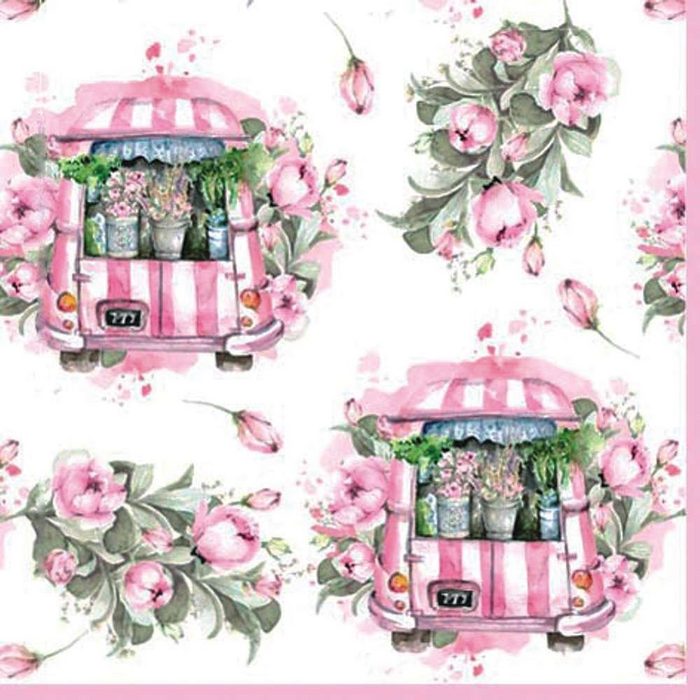 Linoows Papierserviette 20 Servietten Frühling Szenerie mit Blumenwagen & Rosa Rosen Motiv Frühling Blumenwagen & Rosa Rosen