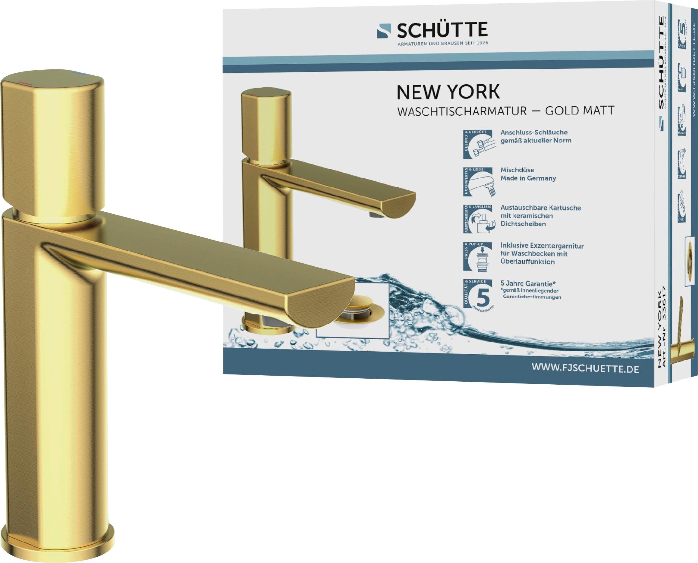 Schütte Waschtischarmatur NEW YORK Wasserhahn mit Ablaufgarnitur, Mischbatterie mit Pop Up Abflussstopfen Gold matt