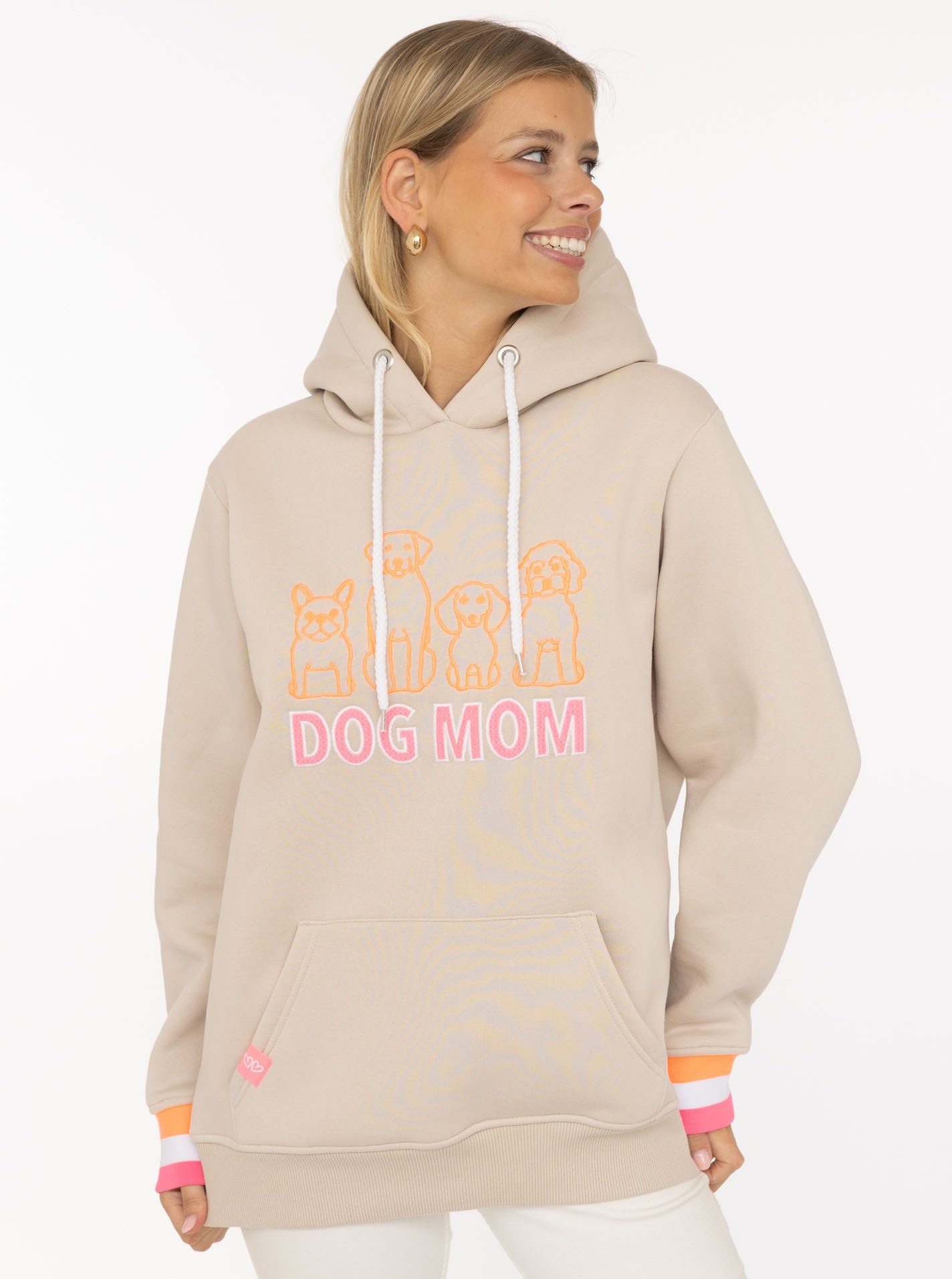 Zwillingsherz Hoodie "Dog Mom & Friends" gestickte Hunde, Statement Schriftzug, Kapuze