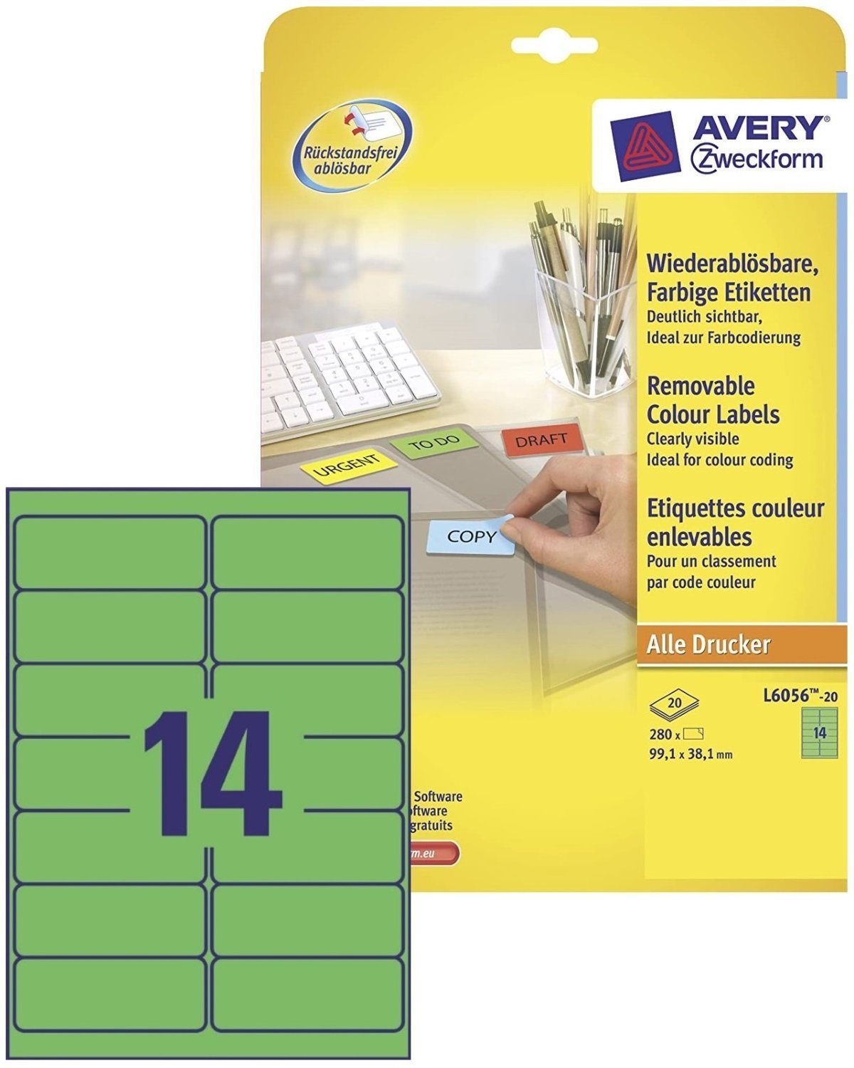 Avery Zweckform Etiketten 280x Etiketten Wiederablösbar Grün 99,1x38,1mm, Notiz-Zettel Klebe-Zettel Block Notes Flag Beschriftung Ordner Bücher
