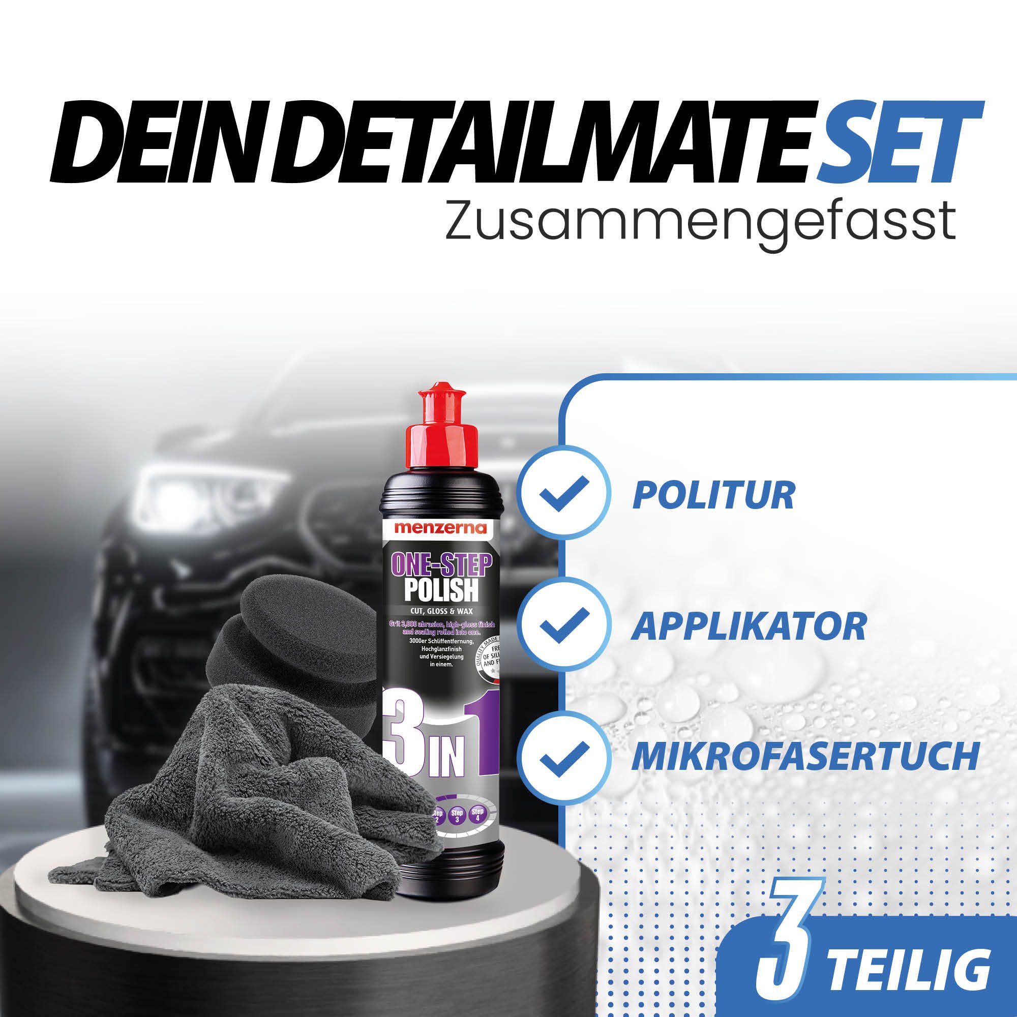 detailmate Auto Politur 3in1 Menzerna One Step Polish Set Autopolitur (4 St), Medium Cut One-Step + PAD Medium + Mikrofasertuch + Gummihandschuhe