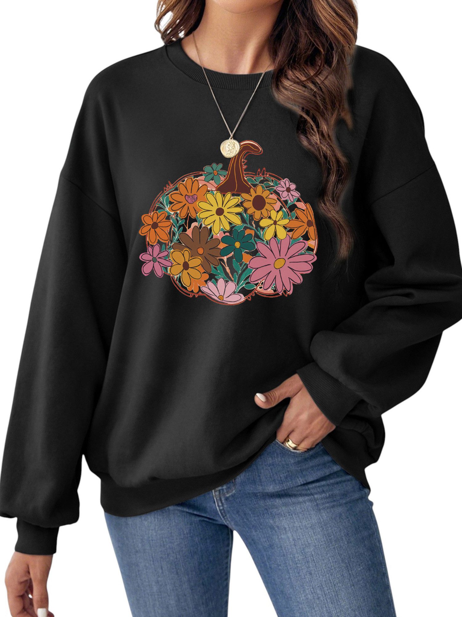 PYLIKE Rundhalspullover Damen Oversized Sweatshirt mit Halloween-Kürbis Print, Warm Fleece Mix Bequem für Herbst & Winter