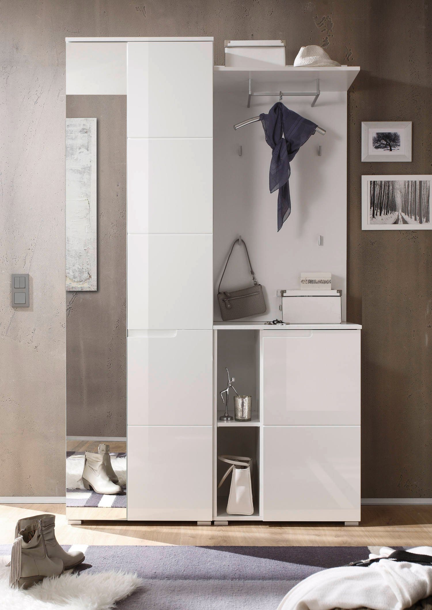 moebel-dich-auf Kompaktgarderobe SLICE (Garderobenschrank + Paneel + Schuhschrank, weiß / MDF weiß Hochglanz) 120 cm breit