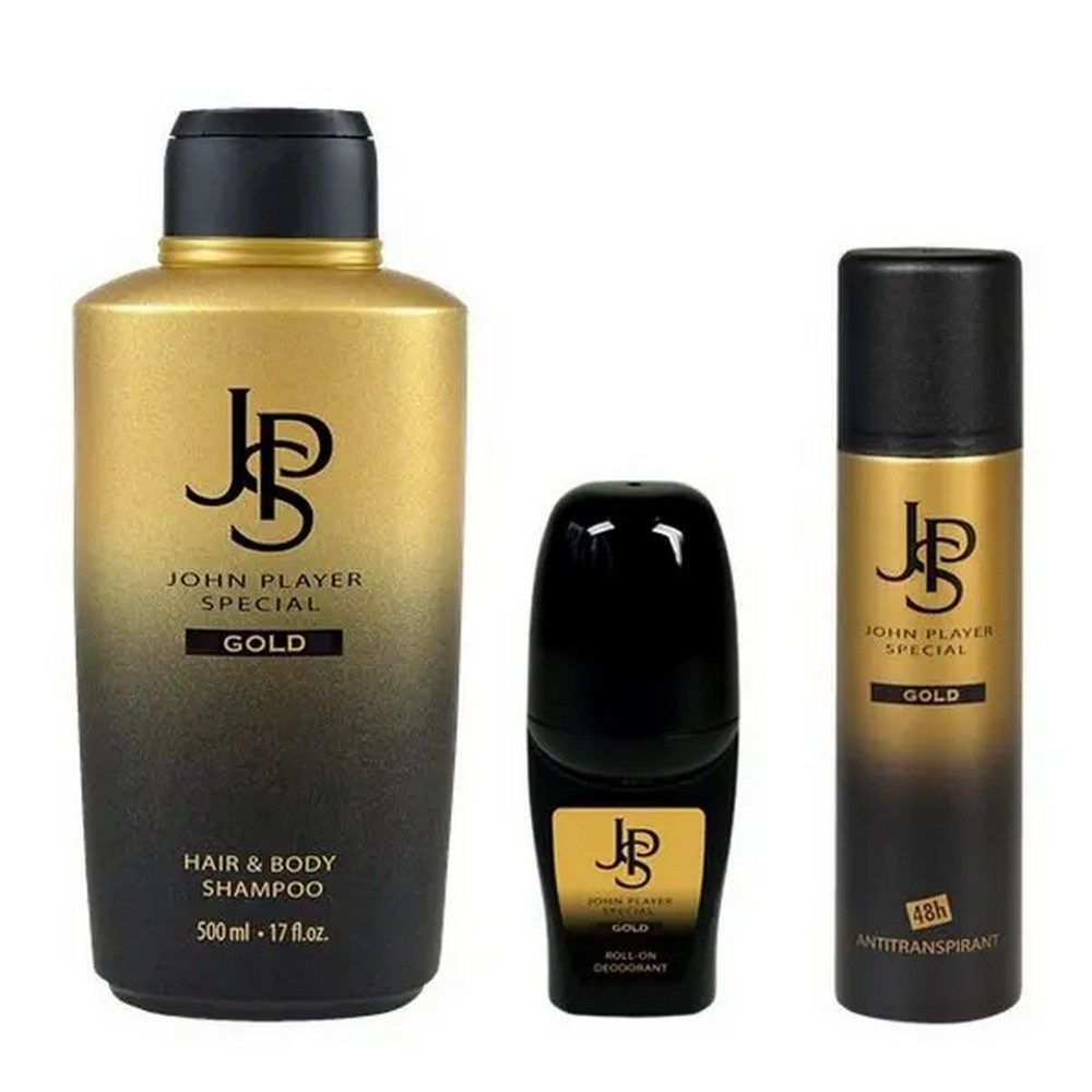 John Player Special Duschgel Gold Hair & Body Shampoo 500ml & Deospray 150ml & Deo Roll-On 50 ml