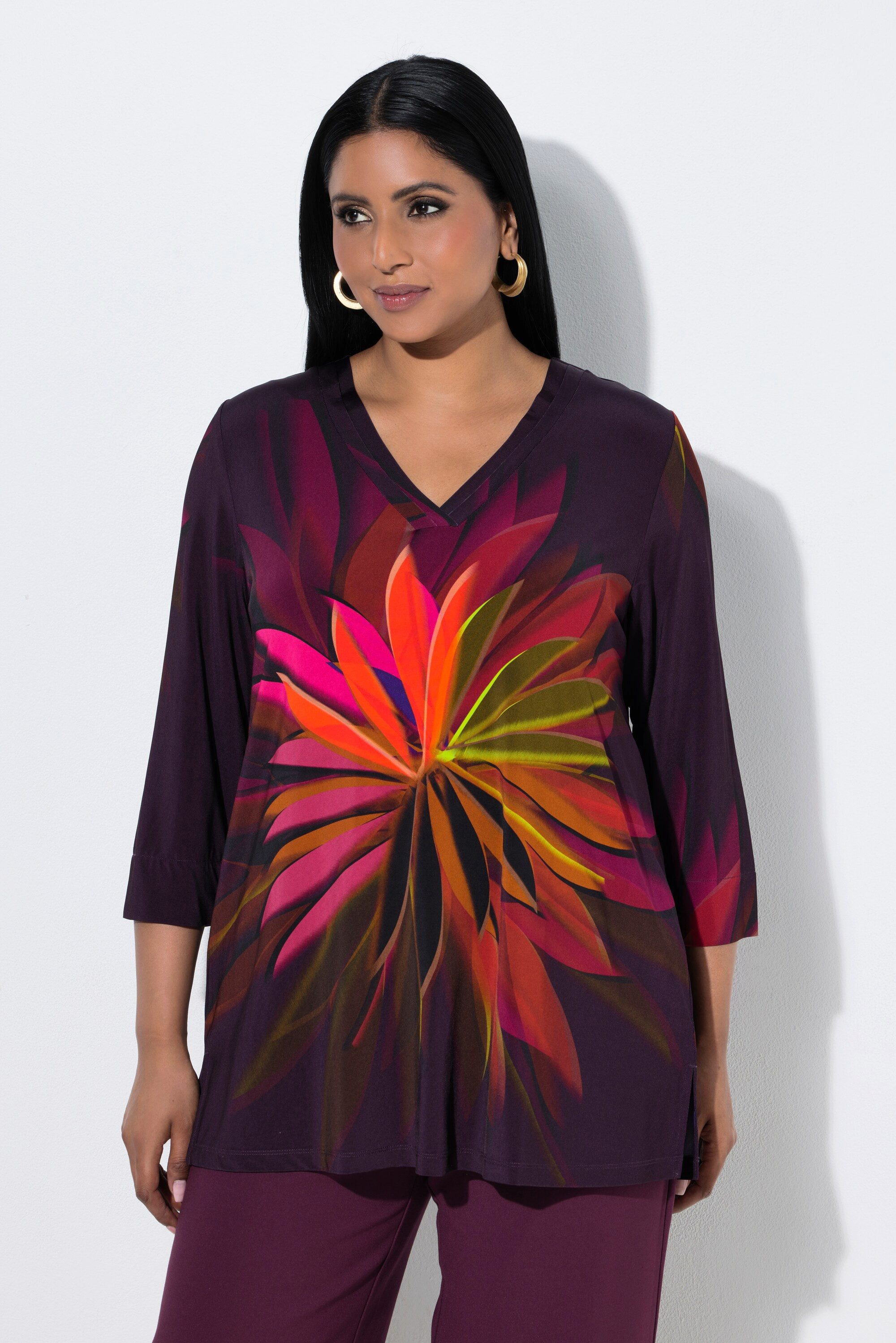 Ulla Popken T-Shirt Slinky-Shirt Blätter V-Ausschnitt 3/4-Arm
