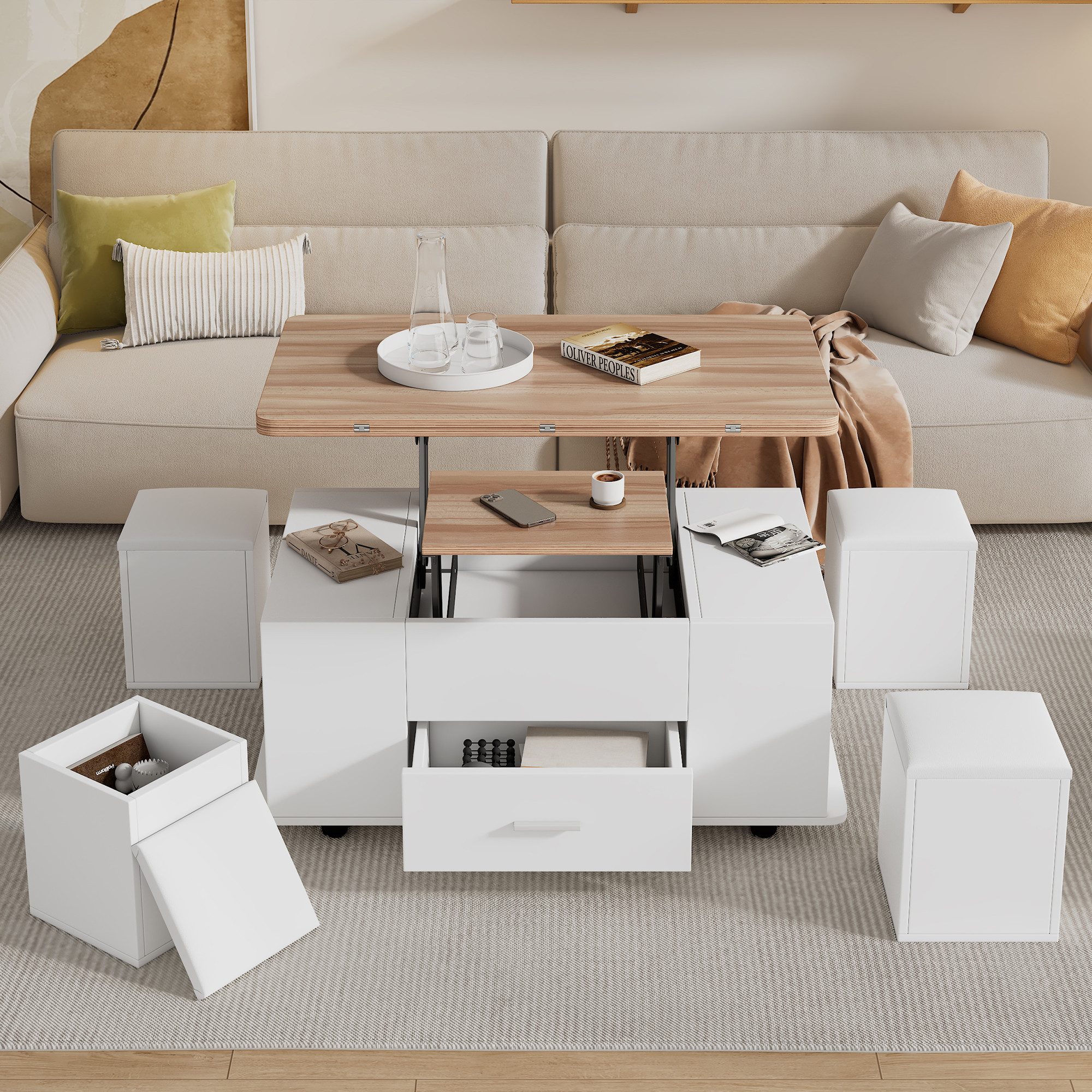 Merax Couchtisch 4-in-1 höhenverstellbarer Sofatisch mit ausklappbarer Tischplatte (1-St., wandelbar vom Sofatisch zum Esstisch), Wohnzimmertisch mit Schublade,4 Hockern,Stauraum & Rollen,100x50x45cm