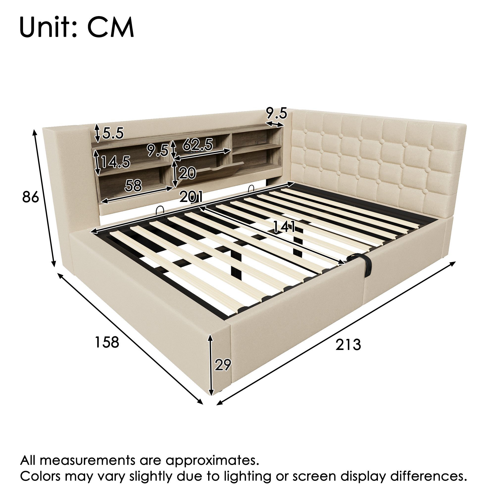 Ulife Polsterbett 140×200cm&weitere Größen mit Bettkasten, LED, hydraulischem Stauraum (1-tlg., Ohne Matratze), L-förmigem Kopfteil beidseitig montierbar, Kinde – Bild 2 von 5