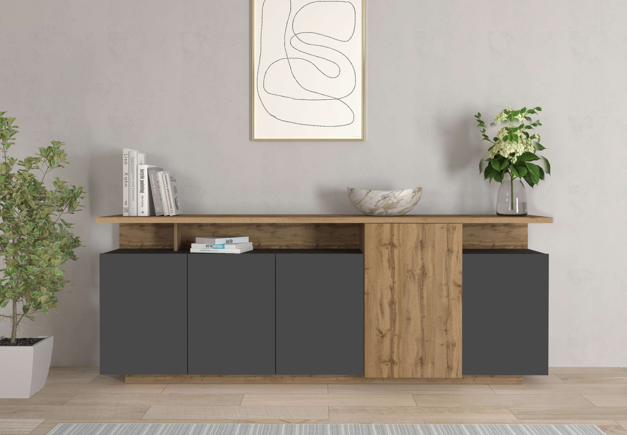 OTTO home Sideboard Sideboard ETHOS, Kommode, Schrank, Kredenz (1 St), Mit 5 Drehtüren, 8 Innenfächern und 2 Außenfächern, B.210 cm