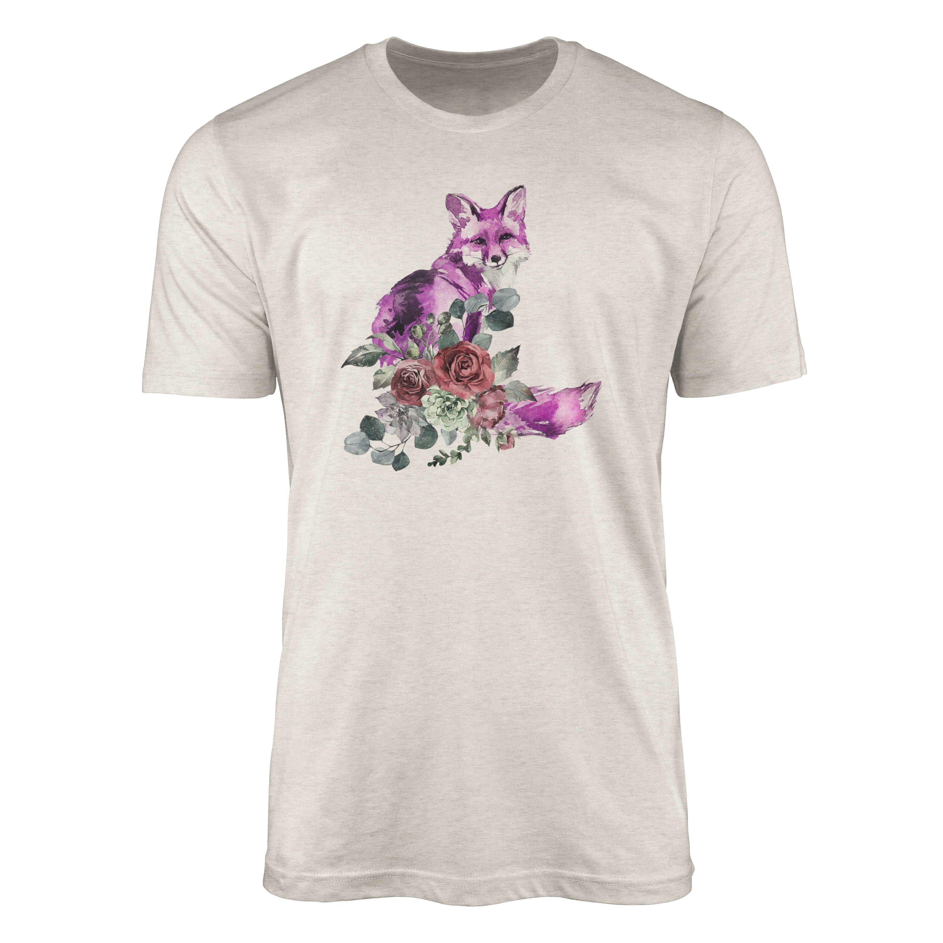 T-Shirt Herren Shirt 100% gekämmte Bio-Baumwolle T-Shirt Aquarell Fuchs Blumen Motiv Nachhaltig Ökomode aus