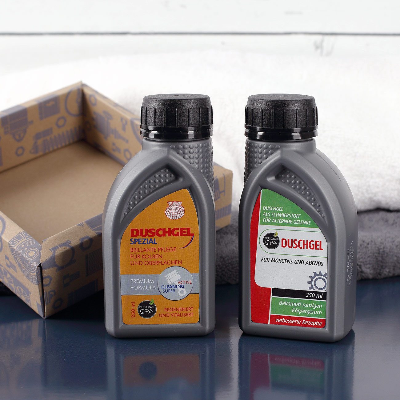 Herz & Heim Duschgel Motoröl als lustiges Geschenk Set für Männer & Schrauber, mit Geschenkverpackung