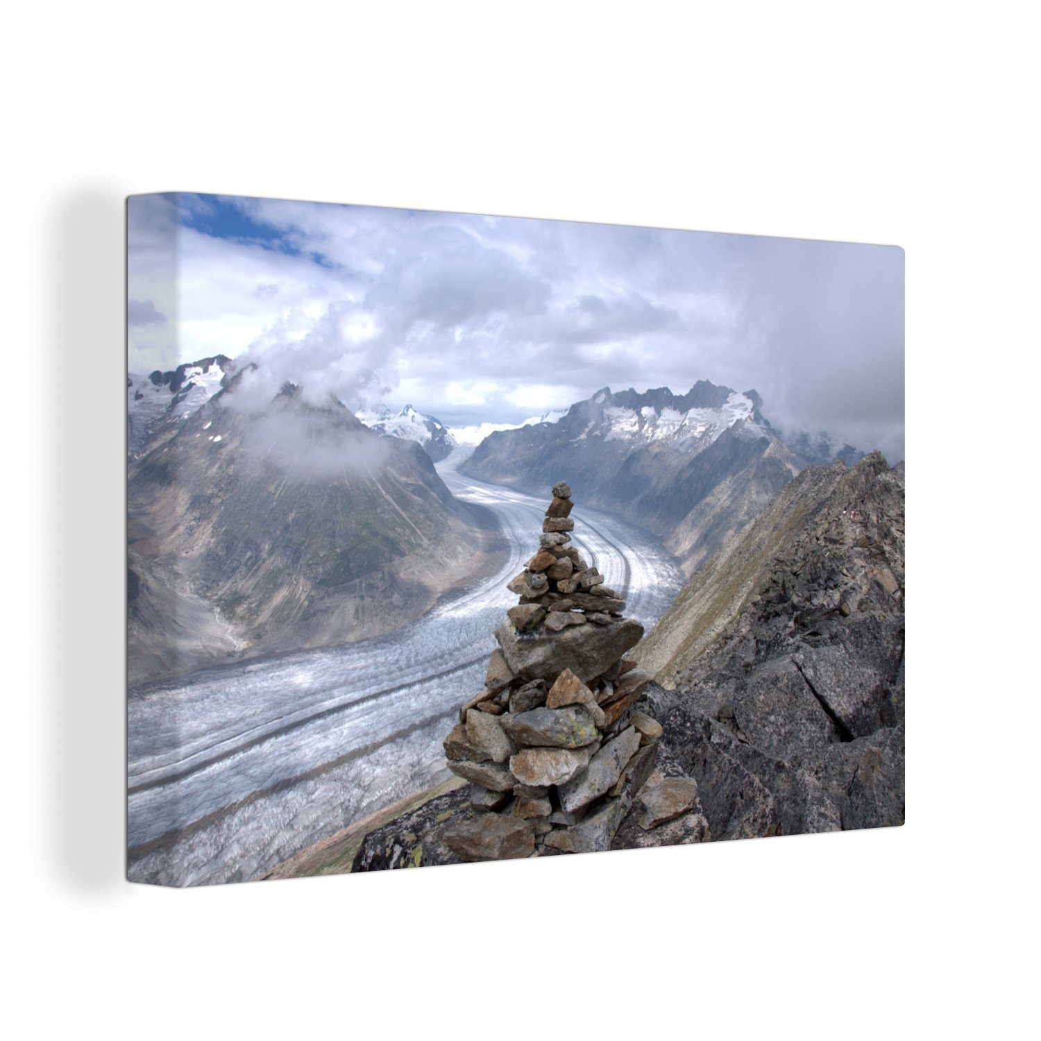 OneMillionCanvasses® Leinwandbild Der Aletschgletscher in der Schweiz mit gestapelten Steinen im, (1 St), Wandbild Leinwandbilder, Aufhängefertig, Wanddeko, 30x20 cm