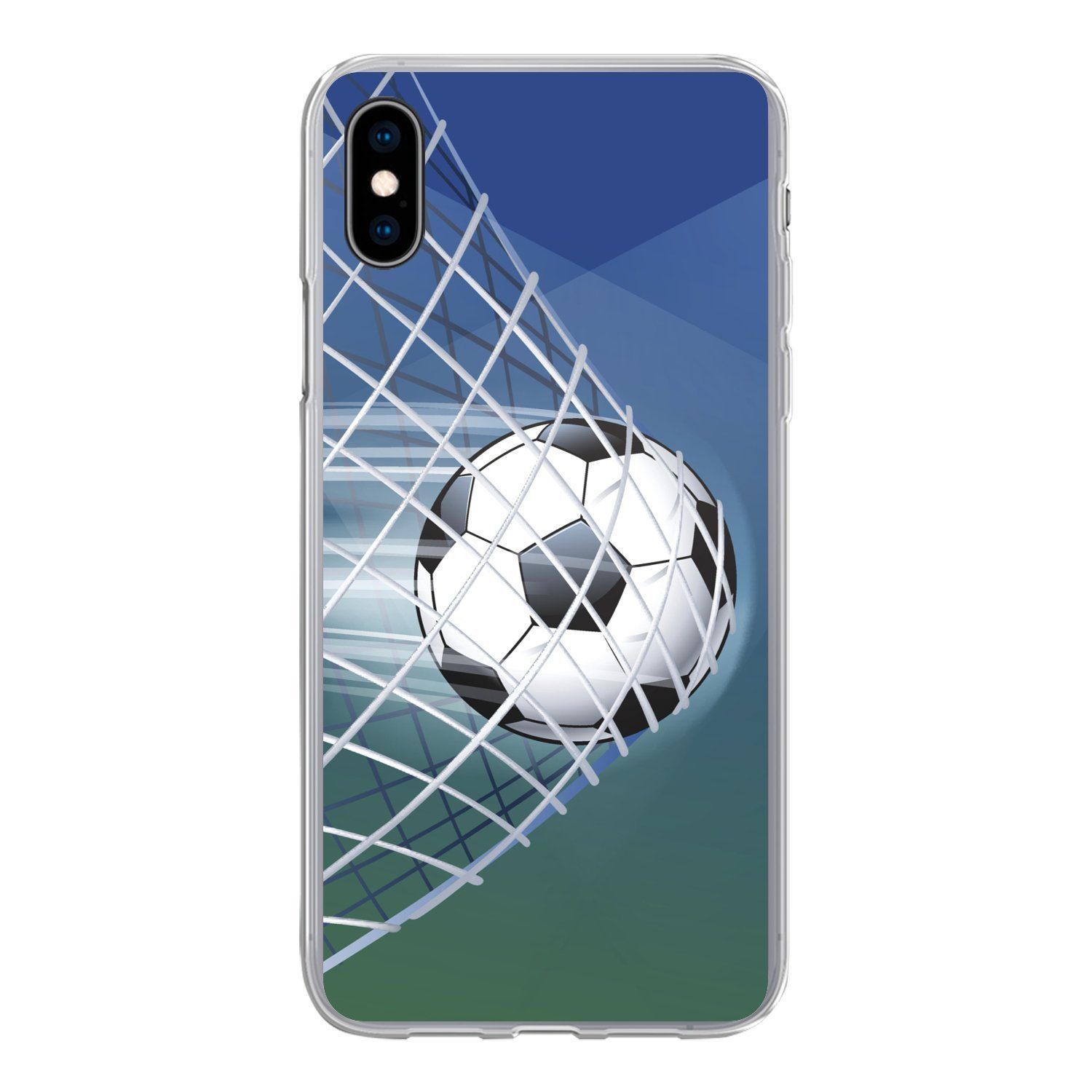 MuchoWow Handyhülle für Apple iPhone XS Eine Illustration eines Fußballs im Netz - Jungen, Smartphone-Bumper, Print, Handy Schutzhülle Dünn