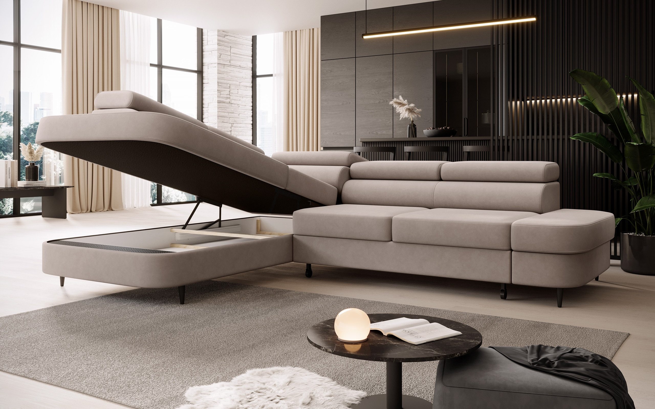 Muffo Ecksofa Priam L, Verstellbare Kopfstützen, angenehmer und fühlbarer Stoff, mit Schalffunktion, mit Bettkasten