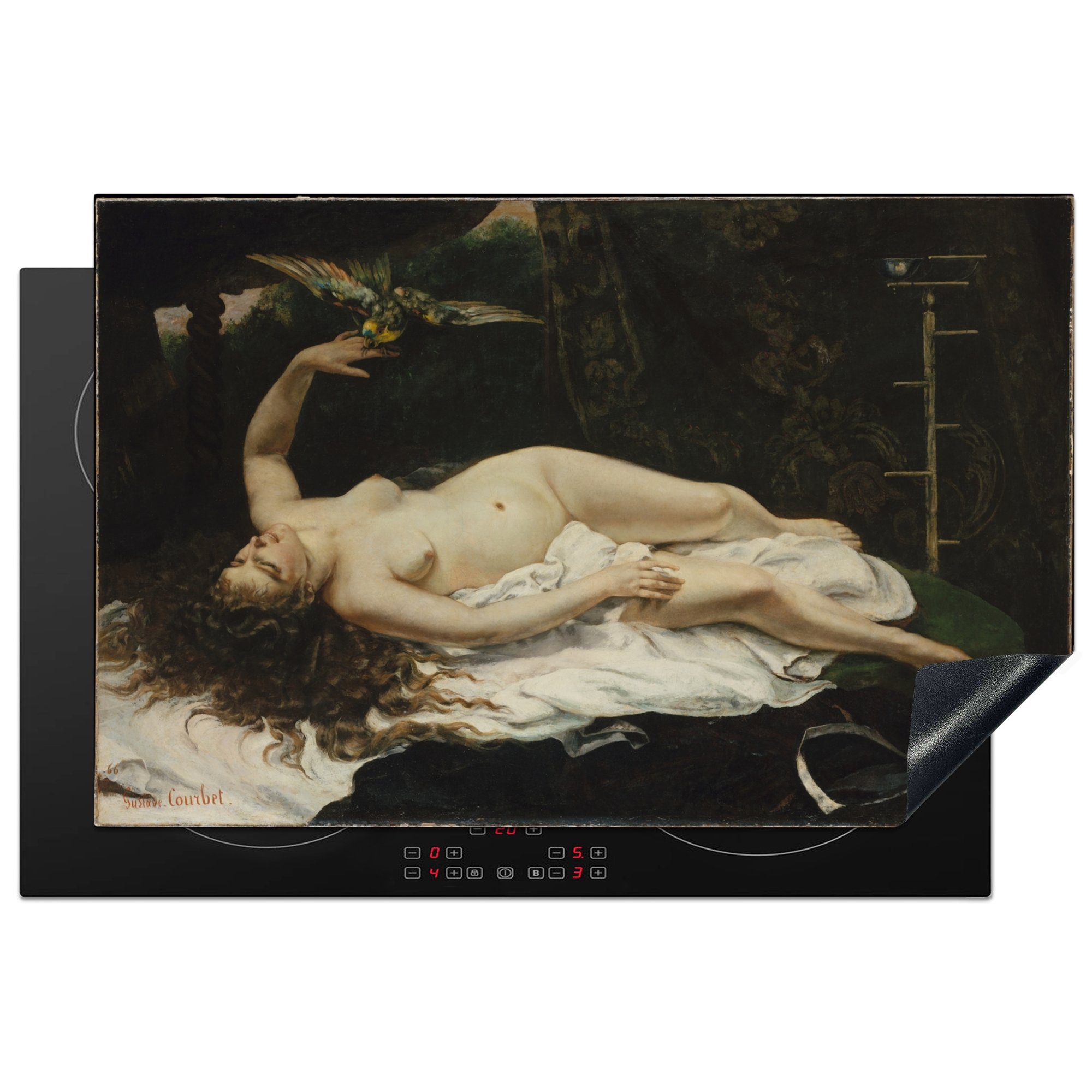 MuchoWow Herdblende-/Abdeckplatte Frau mit Papagei - Gemälde von Gustave Courbet, Vinyl, (1 tlg), 81x52 cm, Induktionskochfeld Schutz für die küche, Ceranfeldabdeckung