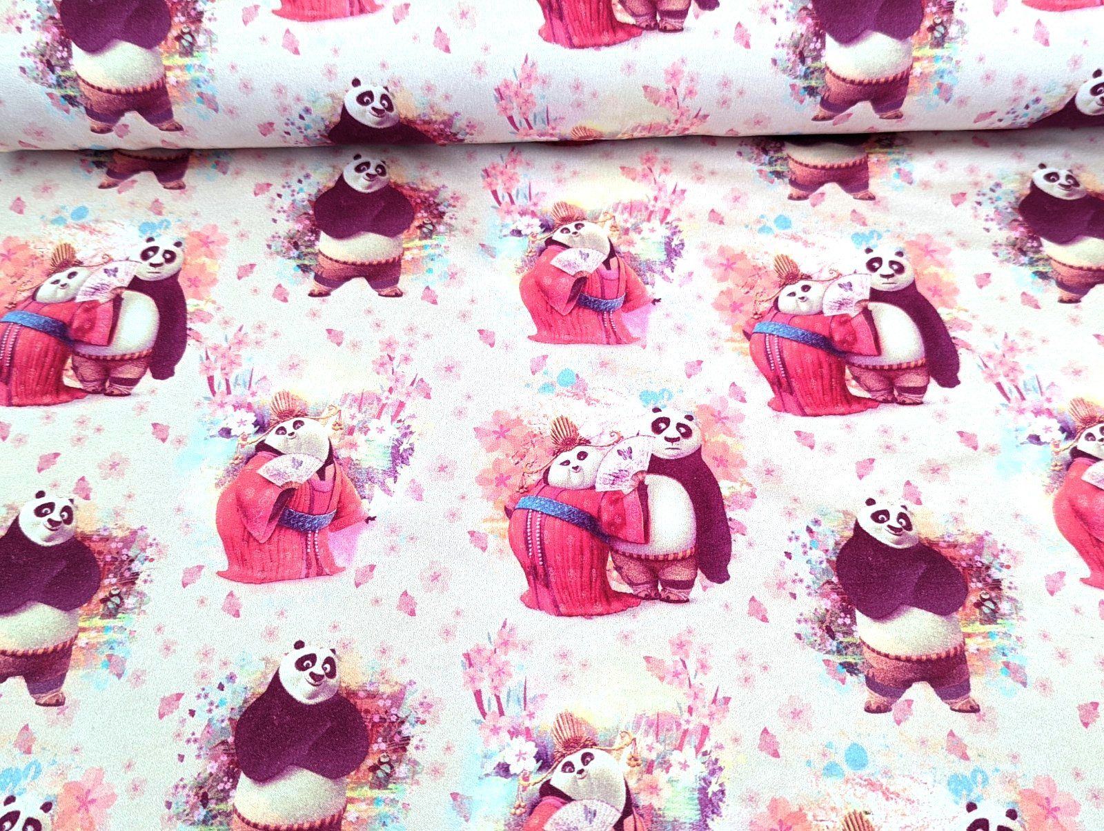 Thumbnail - Stoff French Terry Kung Fu Panda auf Ecru/Rosa Stoff Meterware