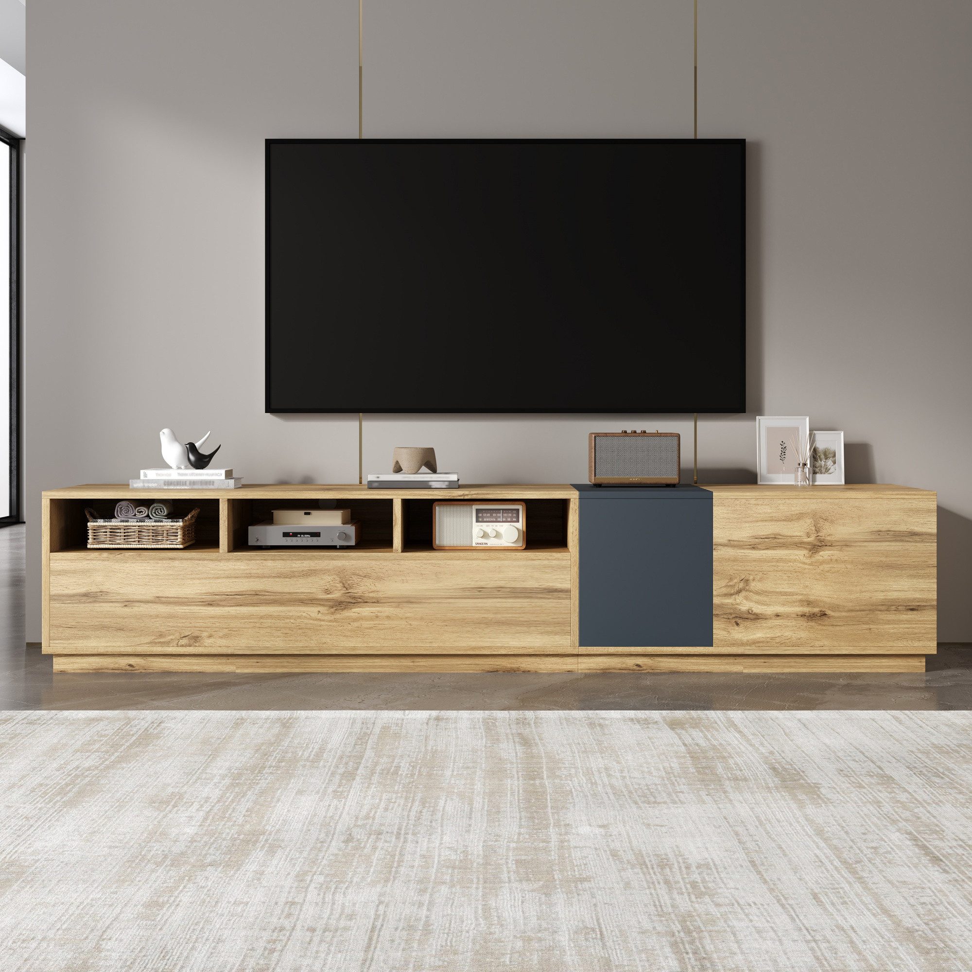 Merax Lowboard in Grau-Schwarz mit Holzplatte (1 St), TV-Schrank mit 3 offenen Fächern und Schranktüren, 200x45x45cm