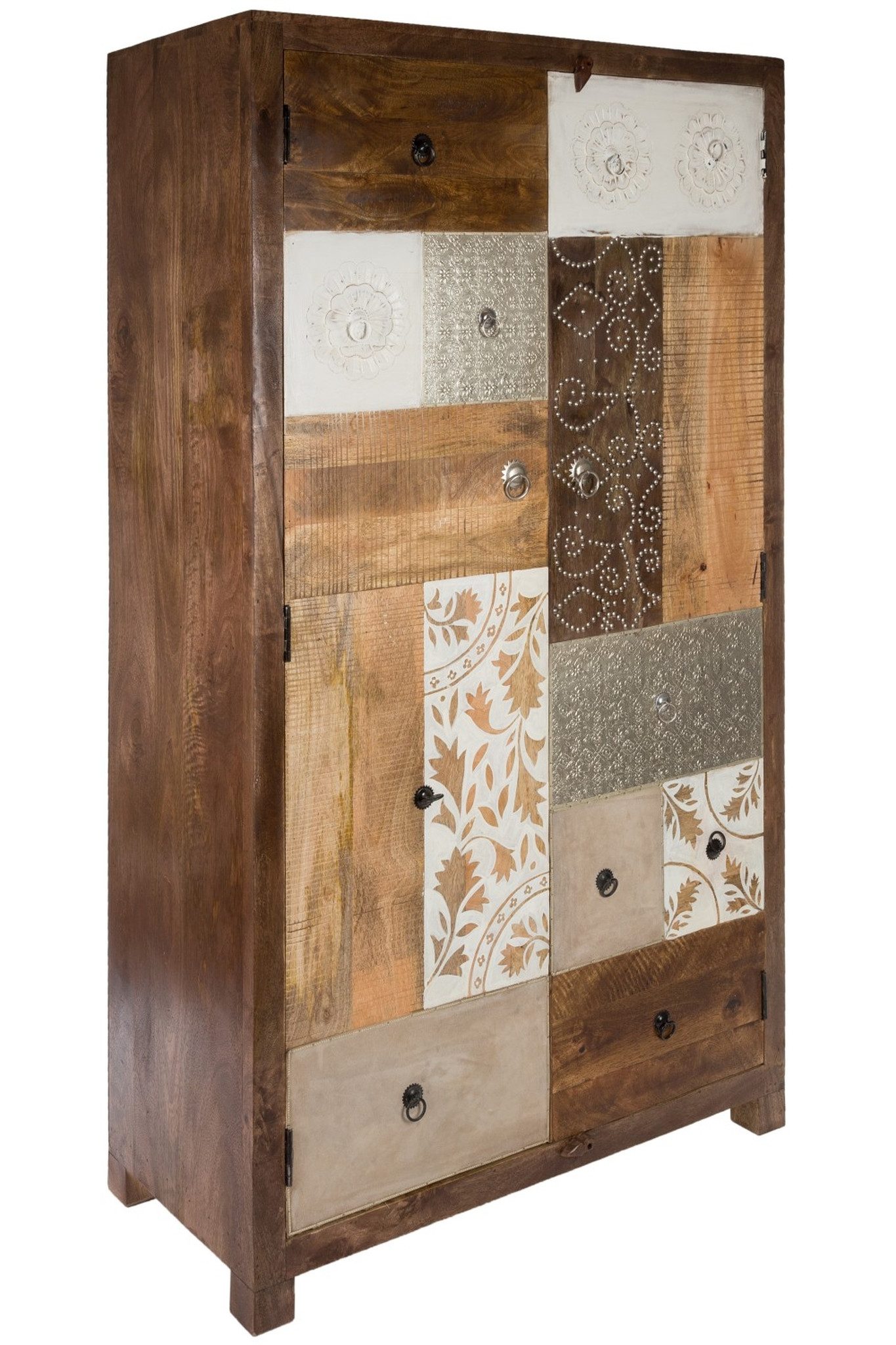 Wohnando Vitrine Moderner, großer Patchwork-Schrank "Alma", 100x45x180cm, Wohnzimmer handgefertigt aus Holz, braun, Schlafzimmer