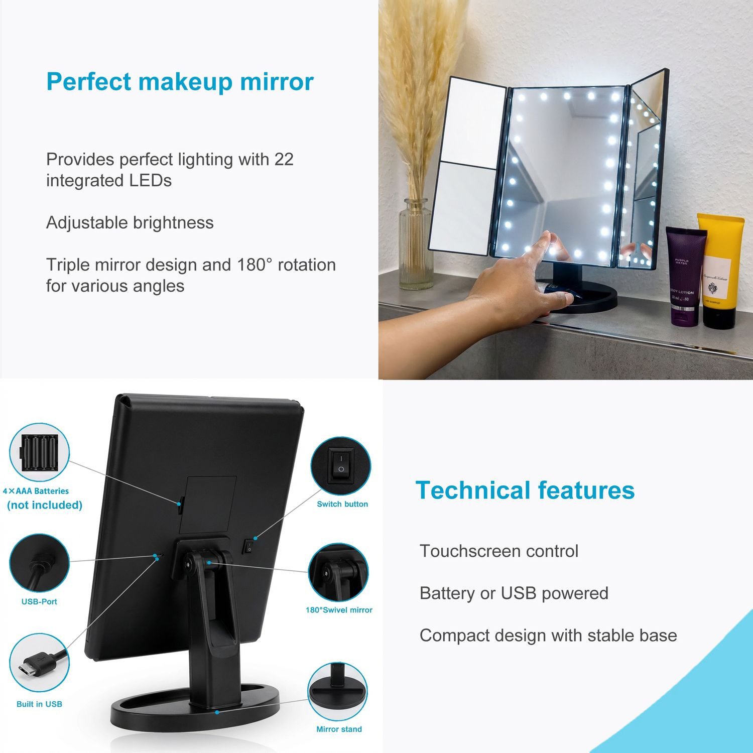 Intirilife LED-Lichtspiegel (1-St), Schminkspiegel mit LED Beleuchtung Kosmetikspiegel Makeup Spiegel – Bild 5 von 5