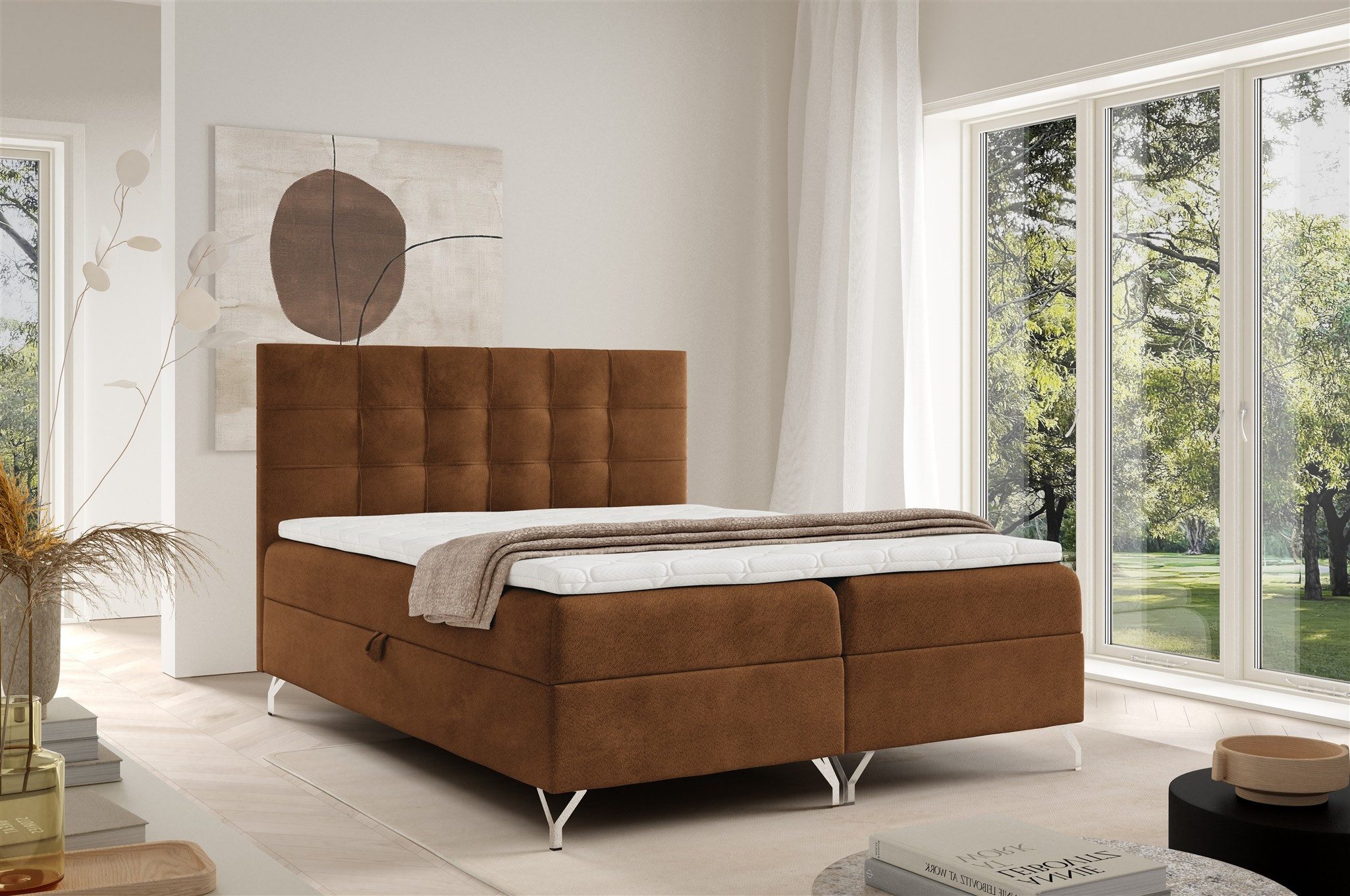 Fun Möbel Boxbett Schlafzimmerbett MERSIN PREMIUM in Strukturstoff Coral (inkl. Topper, Kopfteil gepolstert, auch mit Bonellfederkernmatratze erhältich), inkl. 2 x Bettkasten