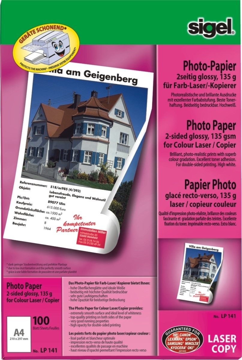 Fotopapier Photo-Papier für Farb-Laser/-Kopierer A4 135g/qm 100 Blatt 2seitig glo