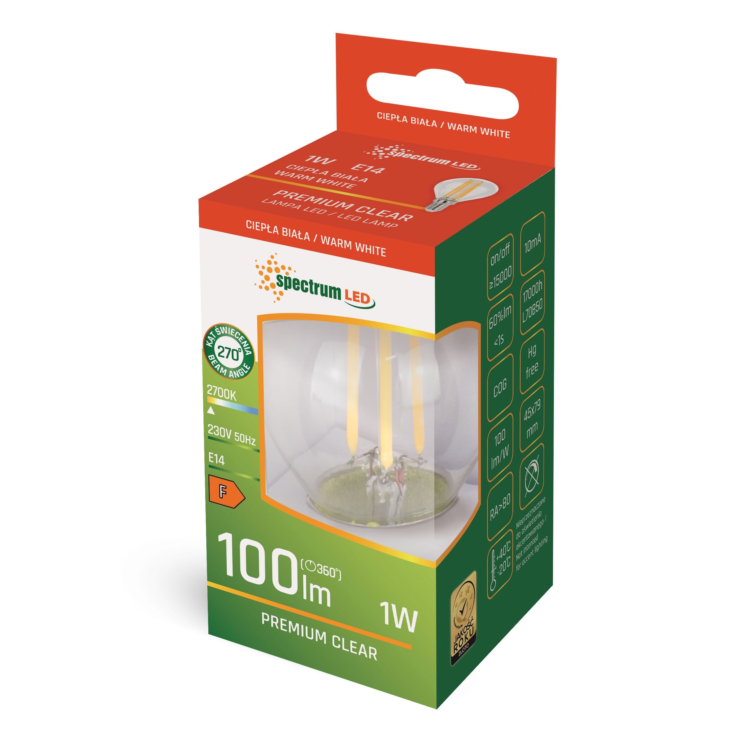 Spectrum LED-Leuchtmittel Spectrum LED E14 G45 Filament Klar 1W = 10W 100lm 270° Warmweiß 2700K, E14, Warmweiß