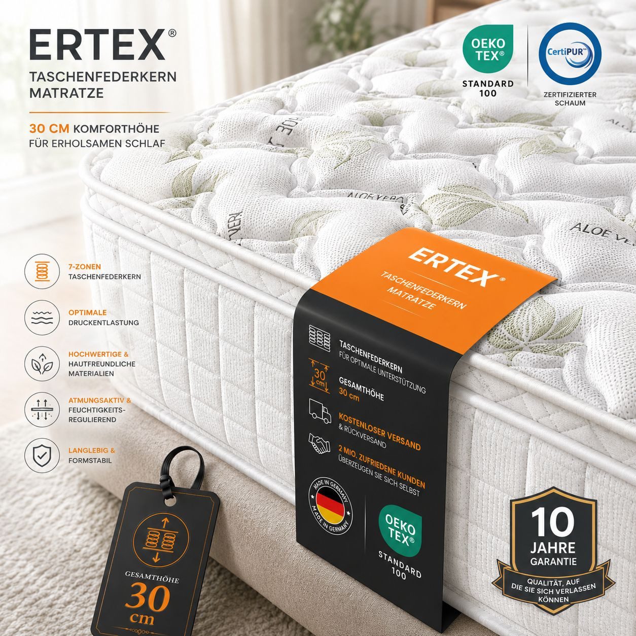 ERTEX Hotel30 Federkernmatratze 7-Zonen Matratze Tonnentaschenkern H3, Ertex, 30 cm hoch, (1 Teilig), Orthopädisch, Aloe Vera Bezug, 7 Zonen Komfort