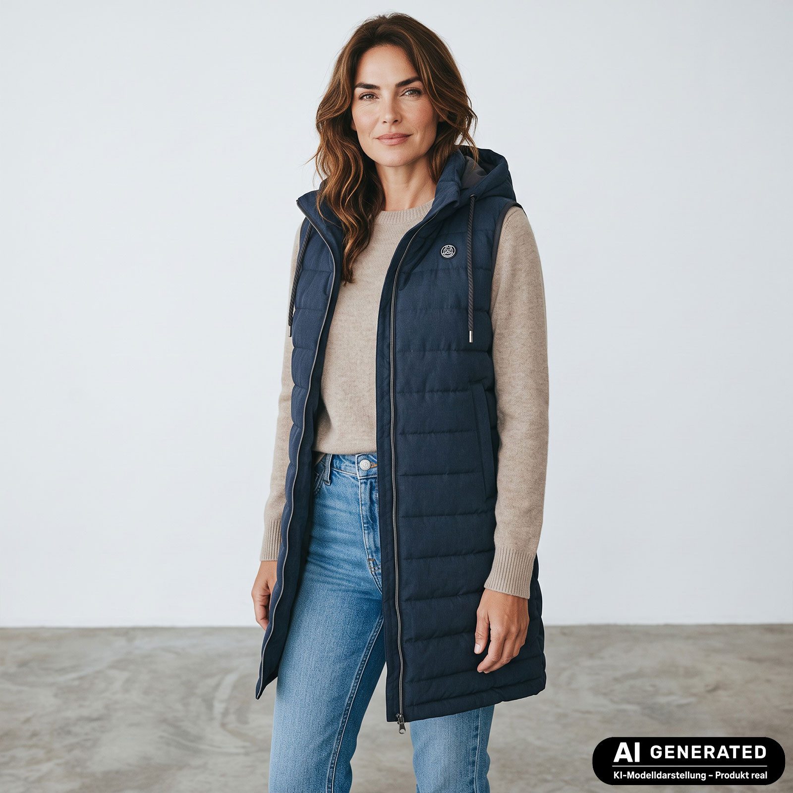 Blue Wave Longweste Nathalia Damen Steppweste Nathalia lang mit abnehmbarer Kapuze in Melange-Optik – Bild 3 von 5