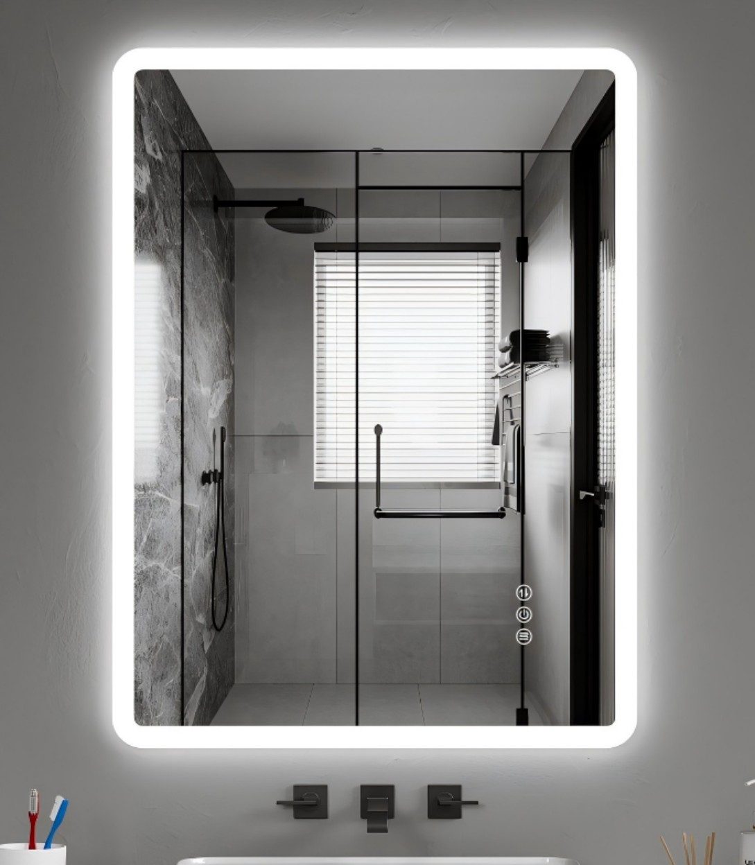 JDONG Badspiegel mit Beleuchtung LED Wandspiegel Durchmesser 80-150cm (Badezimmerspiegel 80*60\100*60\120*70\150*70\150*90cm, Touch-Schalter IP44 Bad Spiegel mit licht beleuchtet 3 Lichtfarben), Dimmbar, Memory-Funktion, Spiegelheizung,Antibeschlag
