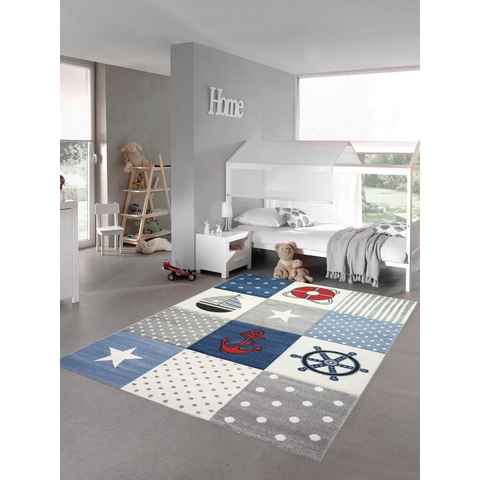 Kinderteppich Kinderteppich Spielteppich Junge Teppich Maritim kariert in blau creme grau, Teppich-Traum, rechteckig, Höhe: 13 mm