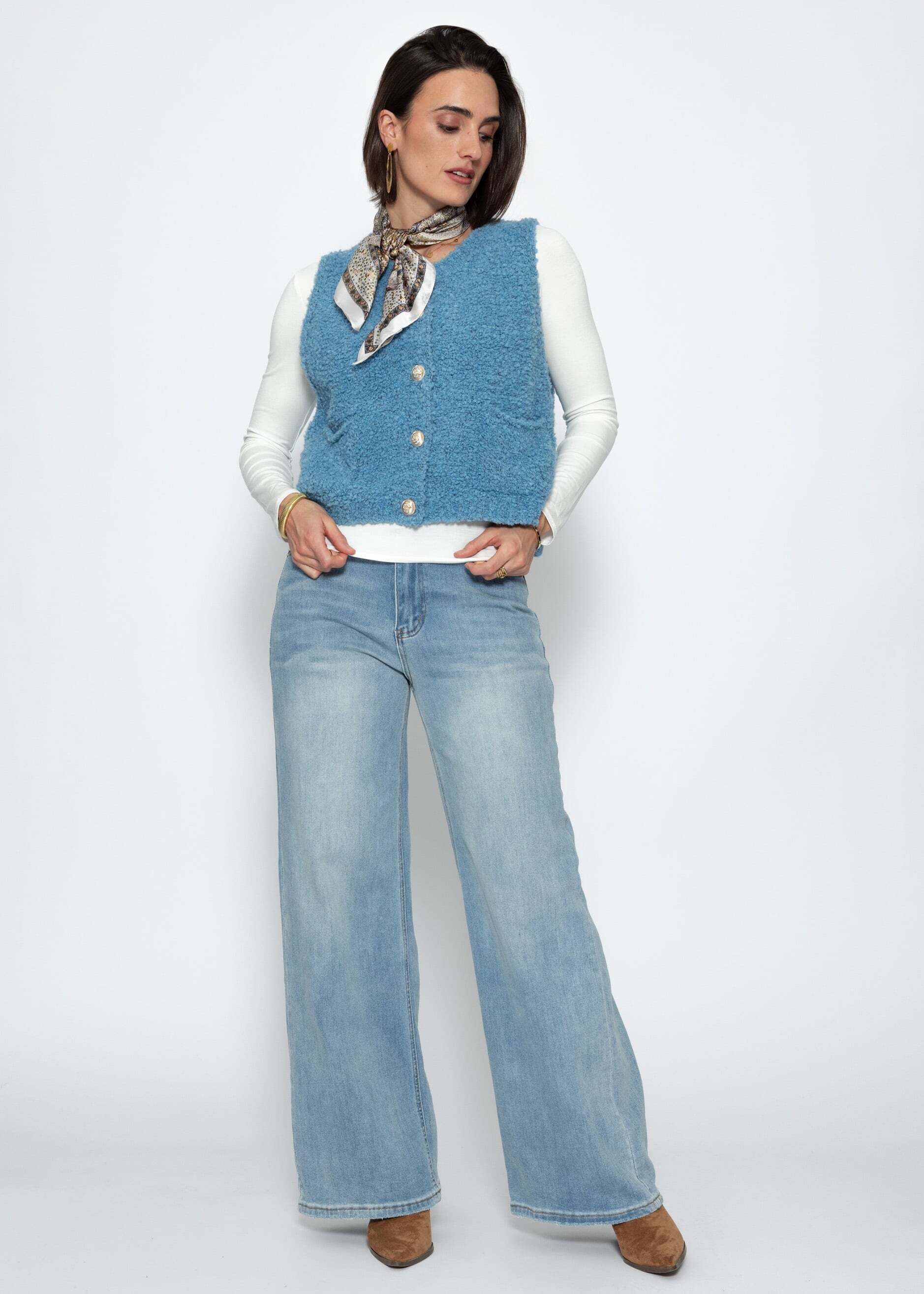 SASSYCLASSY Kurzweste Bouclé-Weste mit aufgesetzten Taschen für Damen Weiche Weste mit goldfarbenen Knöpfen Greige Rosa Schwarz Braun