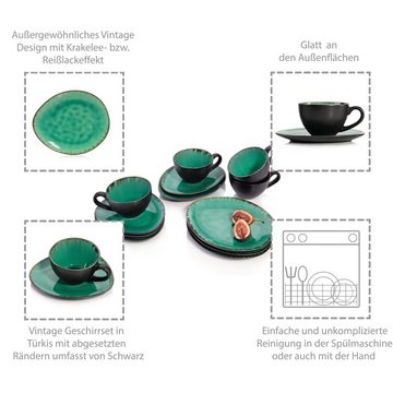 SÄNGER Kaffeeservice Palm Beach (12-tlg), 4 Personen, Steingut, Kaffeetassen Set mit Krakellee-Effekt, Vintage Design