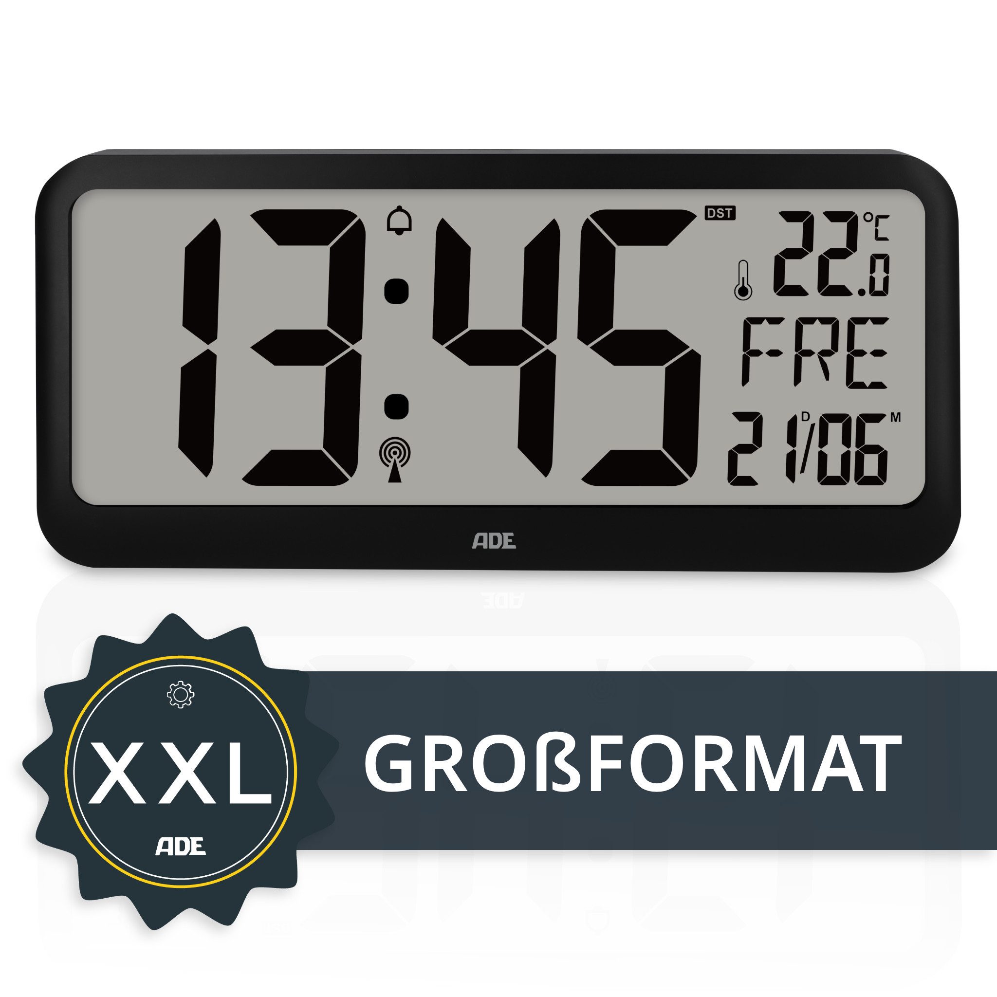 ADE Funkwanduhr Digitale Wanduhr XXL schwarz, zum Aufstellen, mit Alarm, mi günstig online kaufen