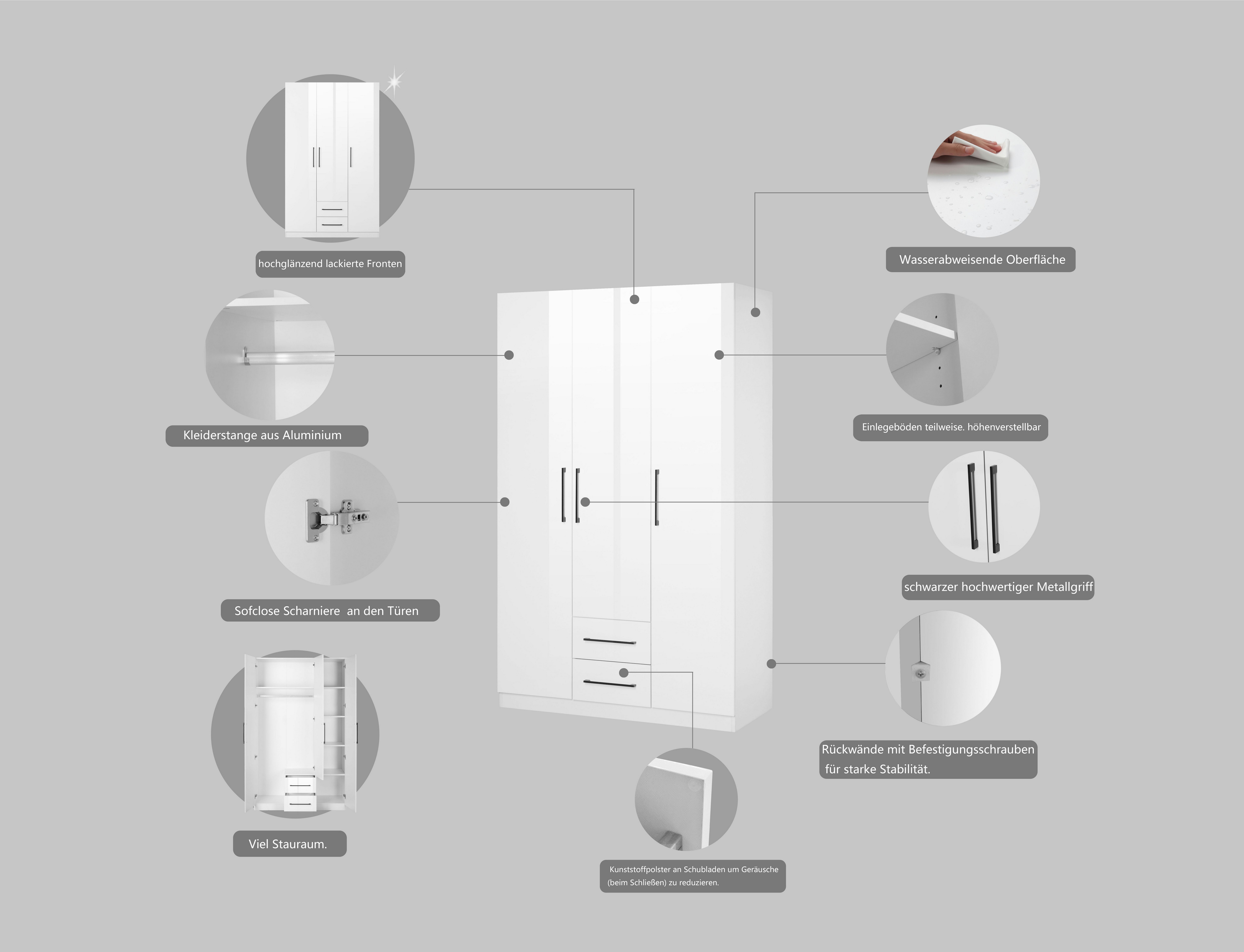 OTTO home Kleiderschrank Sylt Schlafzimmerschrank Garderobe Schrank hochglanz (hochwertige schwarze Metallgriffe) Drehtürenschrank mit perfekter Innenausstattung, Breite 120cm