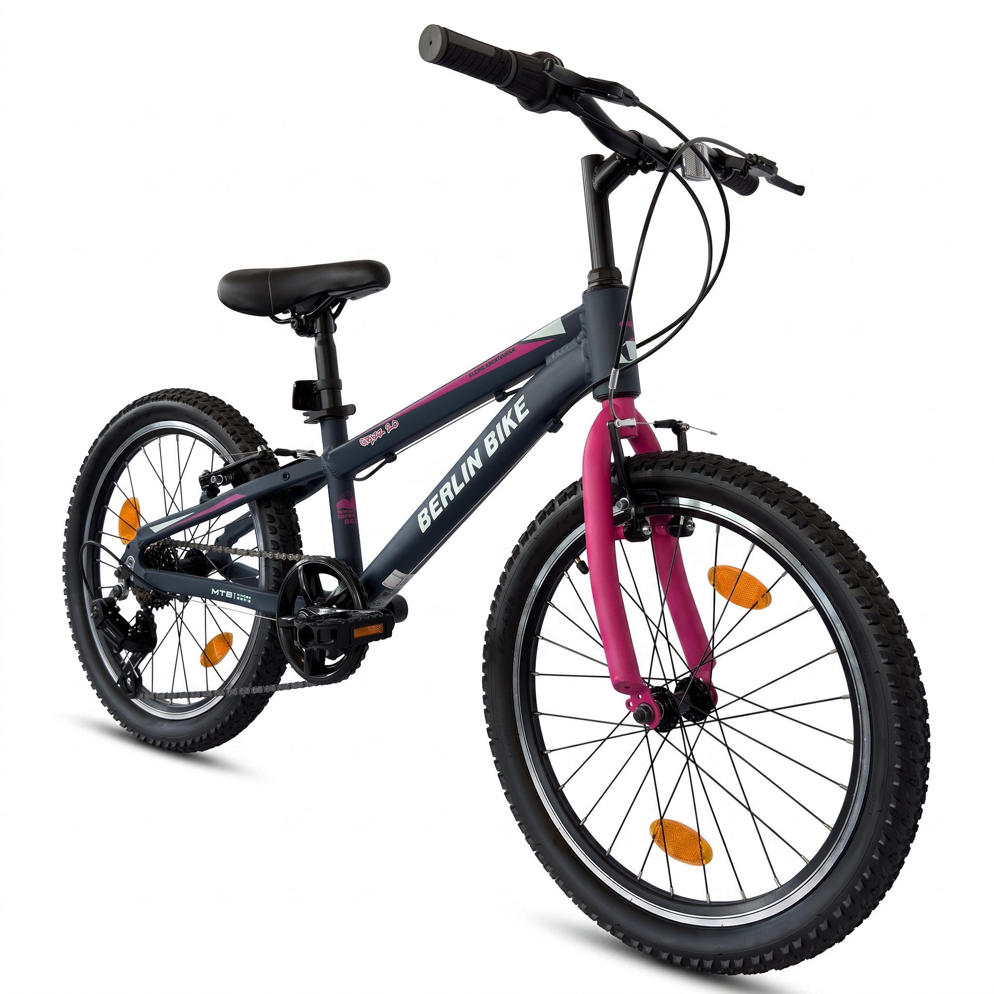 BERLIN BIKE Kinderfahrrad 20 Zoll MTB Kid Grizz Serien, leichtes Aluminiumrahmen, 7 Gang Shimano RD-TY200 Schaltwerk, Kettenschaltung, Mitwachsend dank höhenverstellbarem Sattel und Lenker