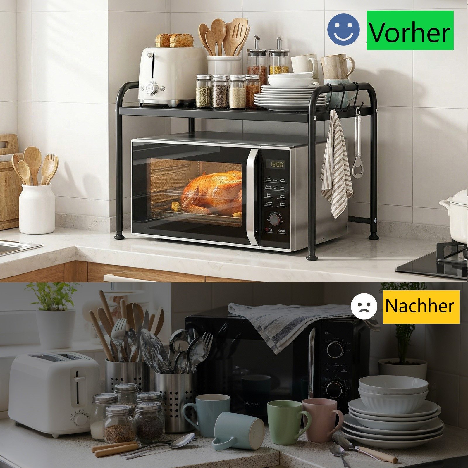 Sekey Mikrowellenteller Mikrowellenregal mit Ablage und 3 Haken Küchenregal Metall Schwarz – Bild 5 von 5