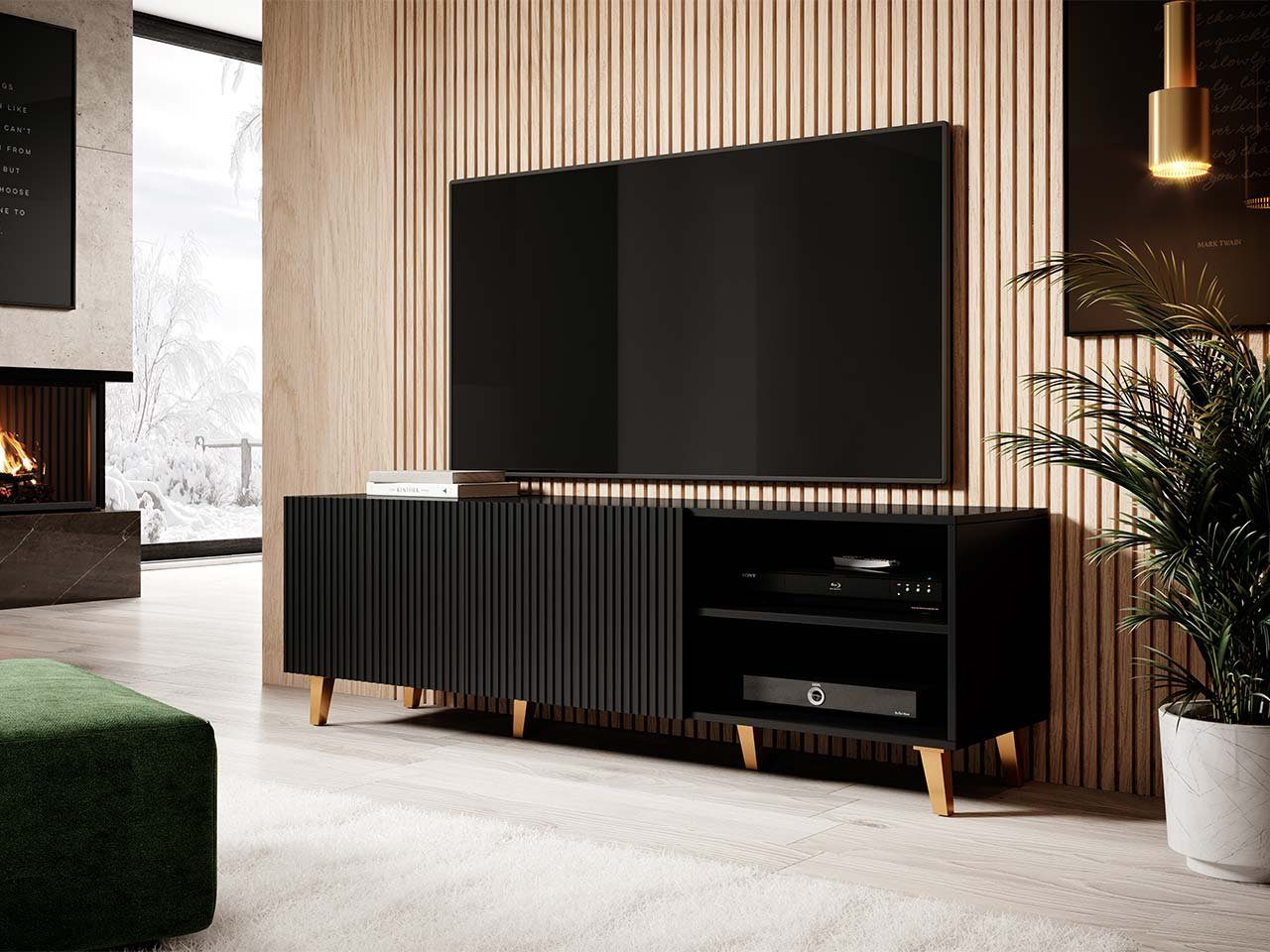 Mirjan24 TV-Schrank Pafos 150 Modern Schwarz mit TV-Tisch 2 Schwarz Gold / TV-Kommode Türen, + Wohnzimmer