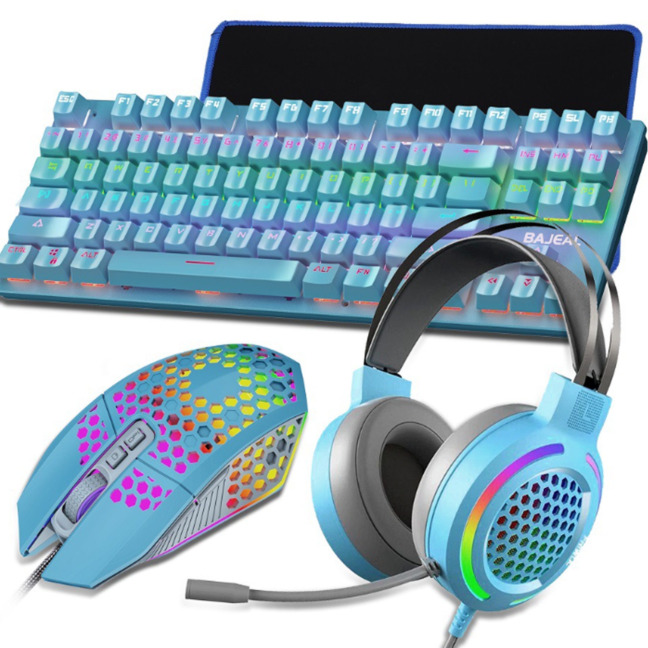 Tadow Verkabelte mechanische Gaming-Tastatur 4-in-1,87 Tasten,Lichteffekte Tastatur- und Headset-Set